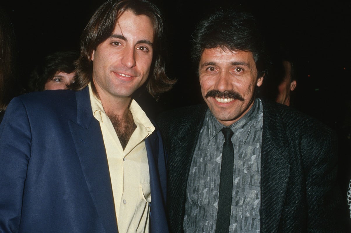 Andy Garcia posing with Edward James Olmos in 1988