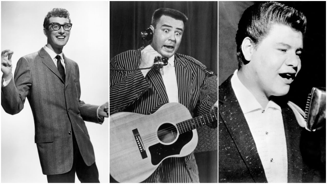 Side by side images of Buddy Holly, Big Bopper and Ritchie Valens