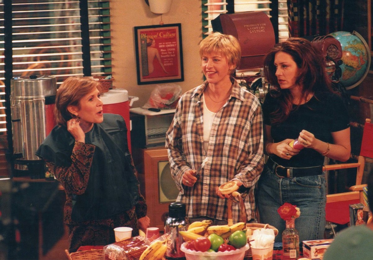 (L-R): Carrie Fisher, Ellen DeGeneres, and Joely Fisher perform in a scene from 'Ellen' at Disney Studios, Burbank, California, November 1, 1995.
