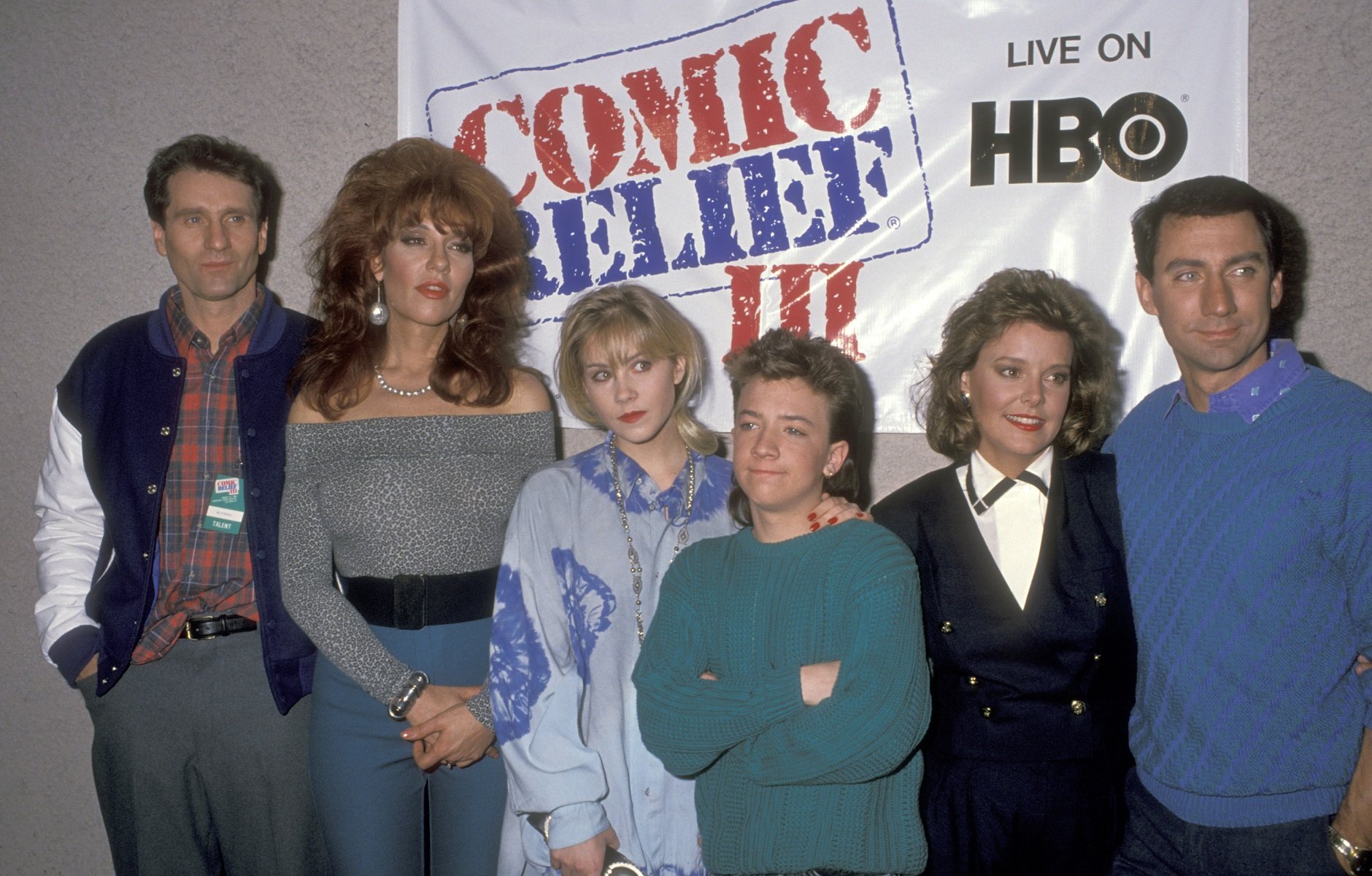 Ed O'Neill, Katey Sagal, Christina Applegate, David Faustino, Amanda Bearse, and David Garrison attend the Comic Relief III Benefit on March 18, 1989