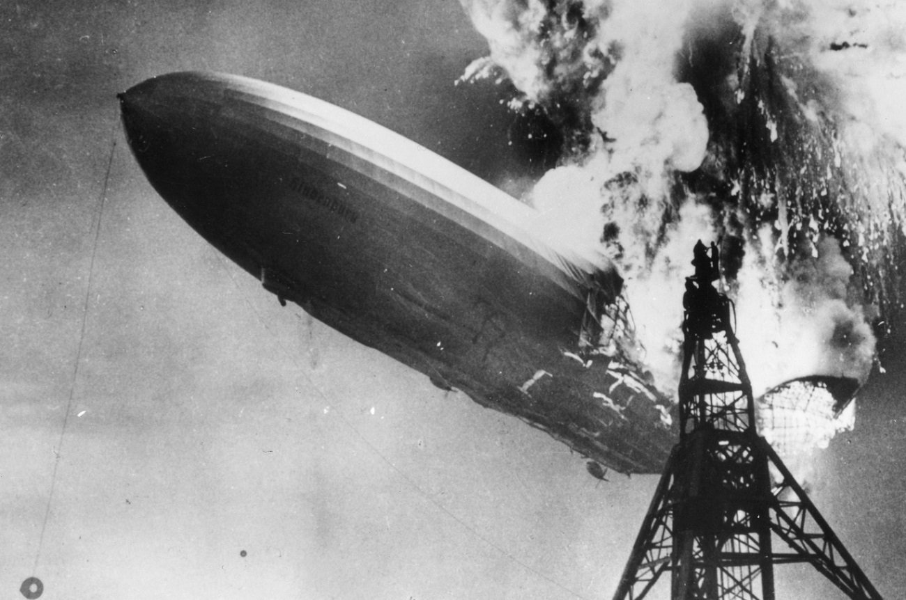 Photo of zeppelin airship The Hindenburg on fire and crashing in 1937