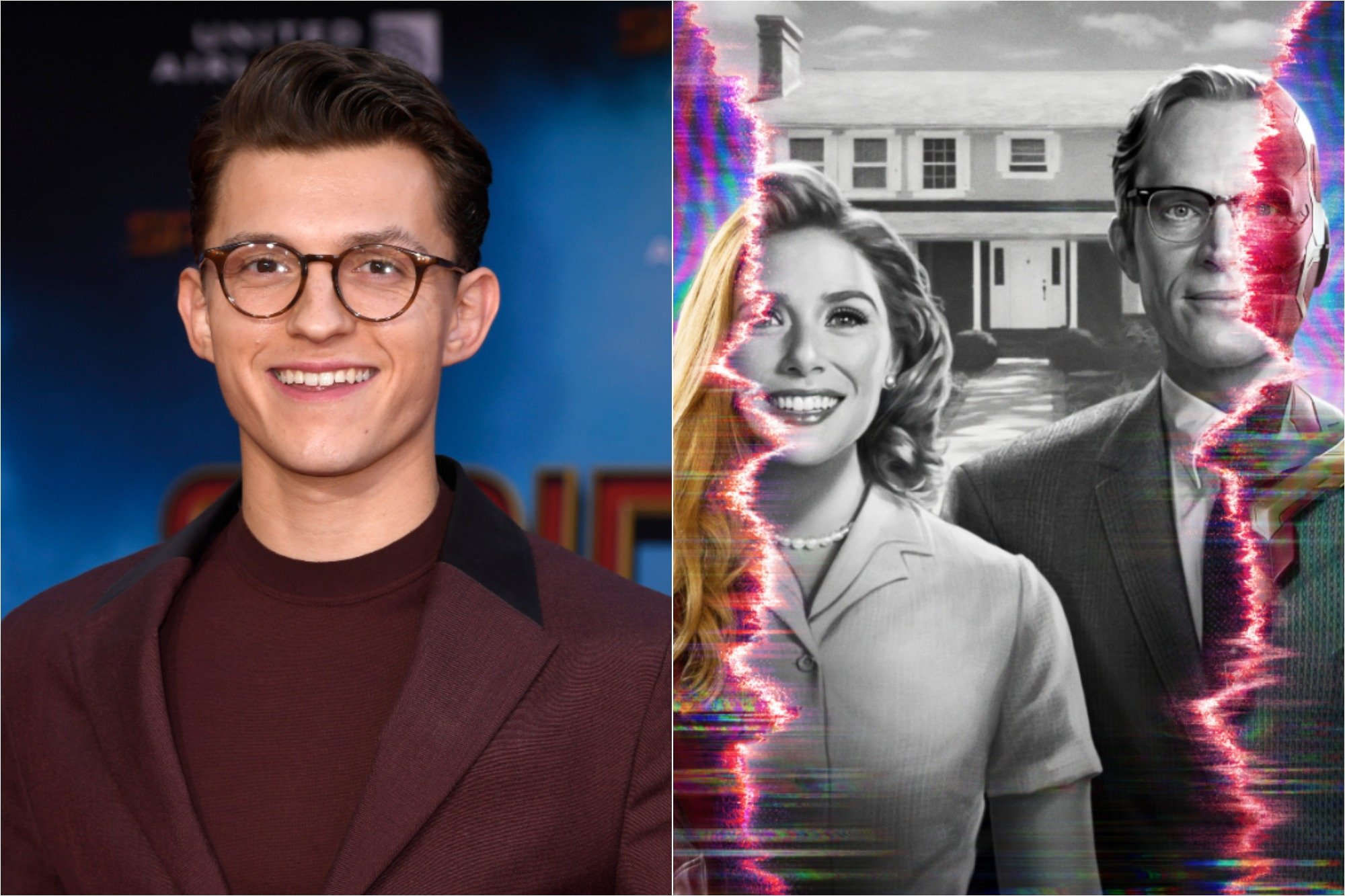 (L) Tom Holland at the premiere of 'Spider-Man Far From Home' on June 26, 2019 / (R) Promotional poster for 'WandaVision' starring Elizabeth Olsen and Paul Bettany