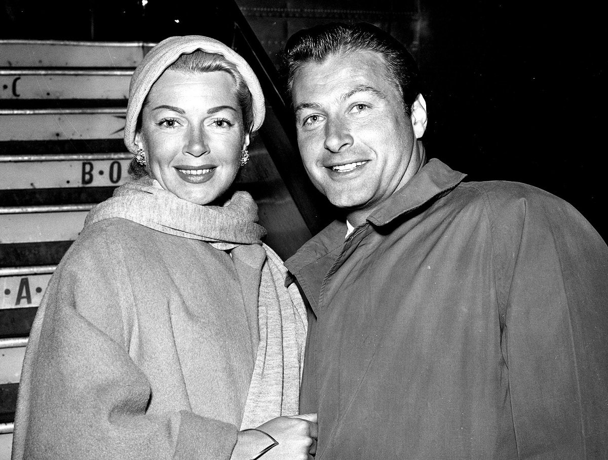(L-R): Lana Turner and Lex Barker arrive at London Airport from Rome.