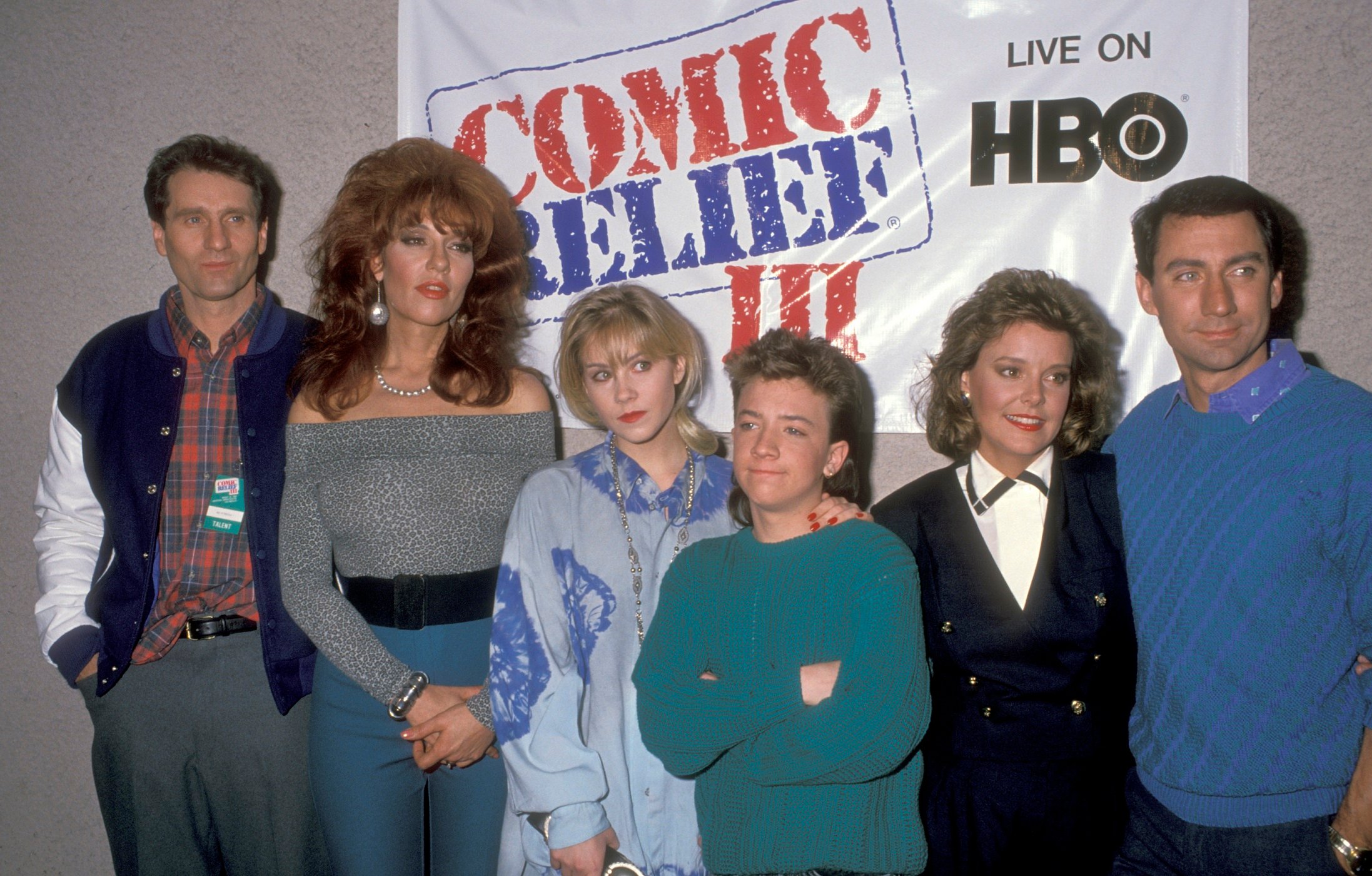 Ed O'Neill, Katey Sagal, Christina Applegate, David Faustino, Amanda Bearse, and David Garrison attend the Comic Relief III Benefit on March 18, 1989