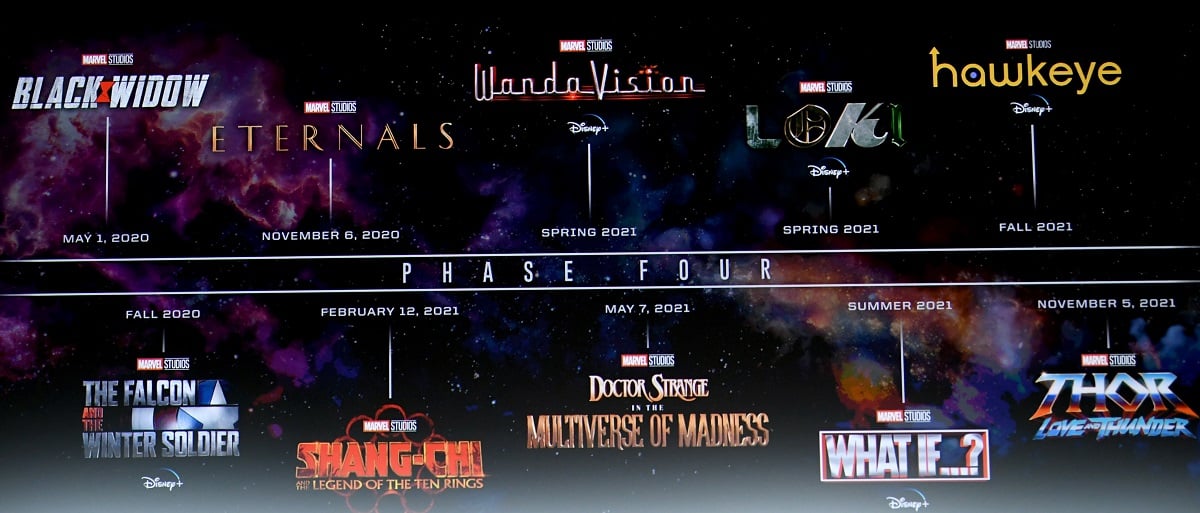 A black wall with titles of upcoming Marvel movies and TV shows