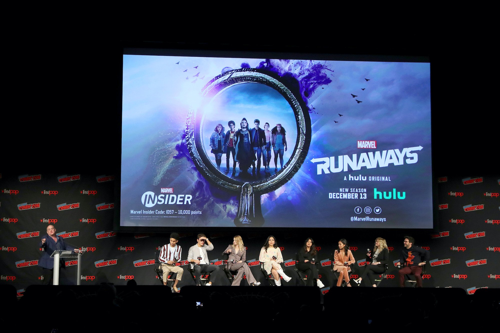 Jeph Loeb, Rheny Feliz, Gregg Sulkin, VIrginia Gardner, Allegra Accosta, Ariela Barer, Lyrica Okano, Stephanie Savage and Josh Schwartz speak on stage