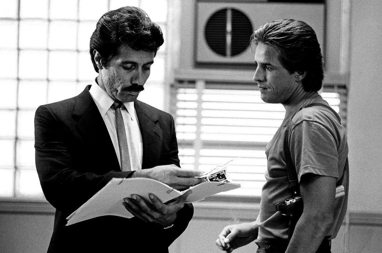 Edward James Olmos and Don Johnson on 'Miami Vice' set