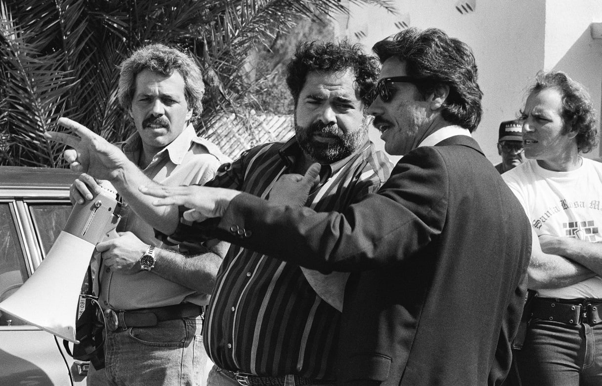 Edward James Olmos points on 'Miami Vice' set