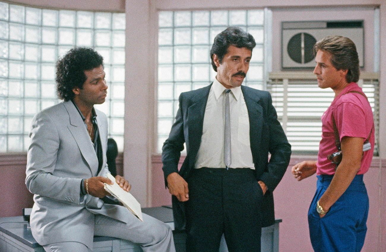 Edward James Olmos with Philip Michael Thomas and Don Johnson on 'Miami Vice' set