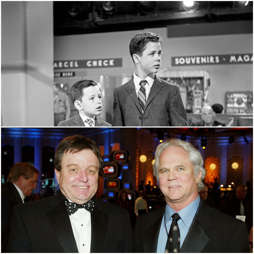 Top: Jerry Mathers and Tony Dow in a 1958 scene from 'Leave It to Beaver'; Bottom: Jerry Mathers and Tony Dow in 2007 at the 2nd Annual TV Land Awards