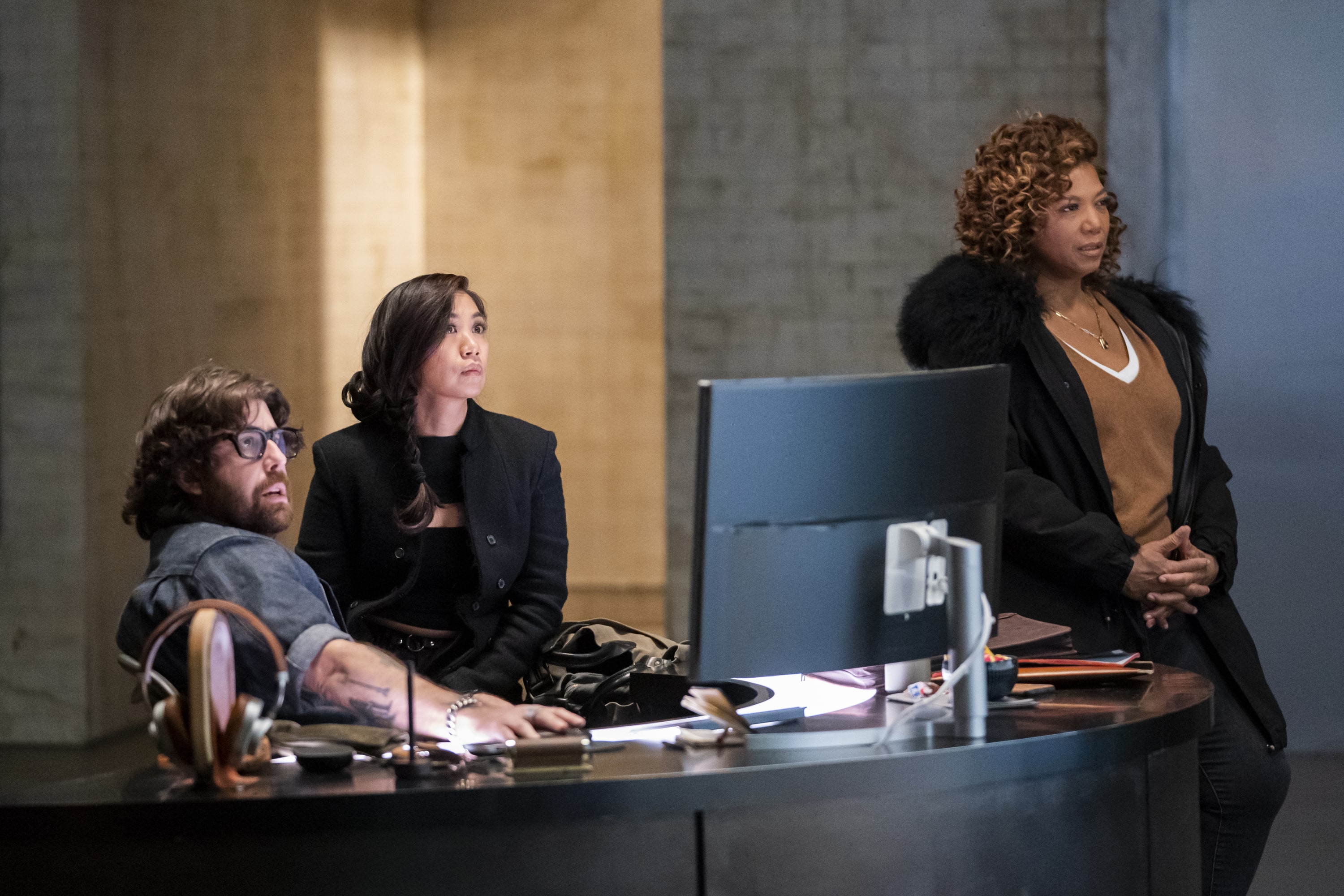 (L-R) Adam Goldberg as Harry Keshegian, Liza Lapira as Melody Mel Bayani, and Queen Latifah as Robyn McCall in 'The Equalizer'