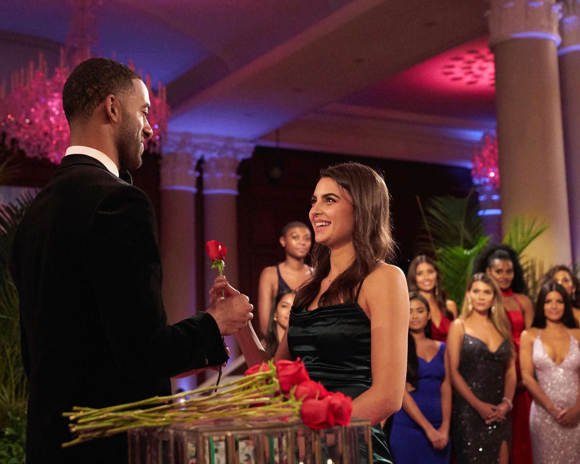 Matt James and Rachael Kirkconnell on 'THE BACHELOR' during a rose ceremony