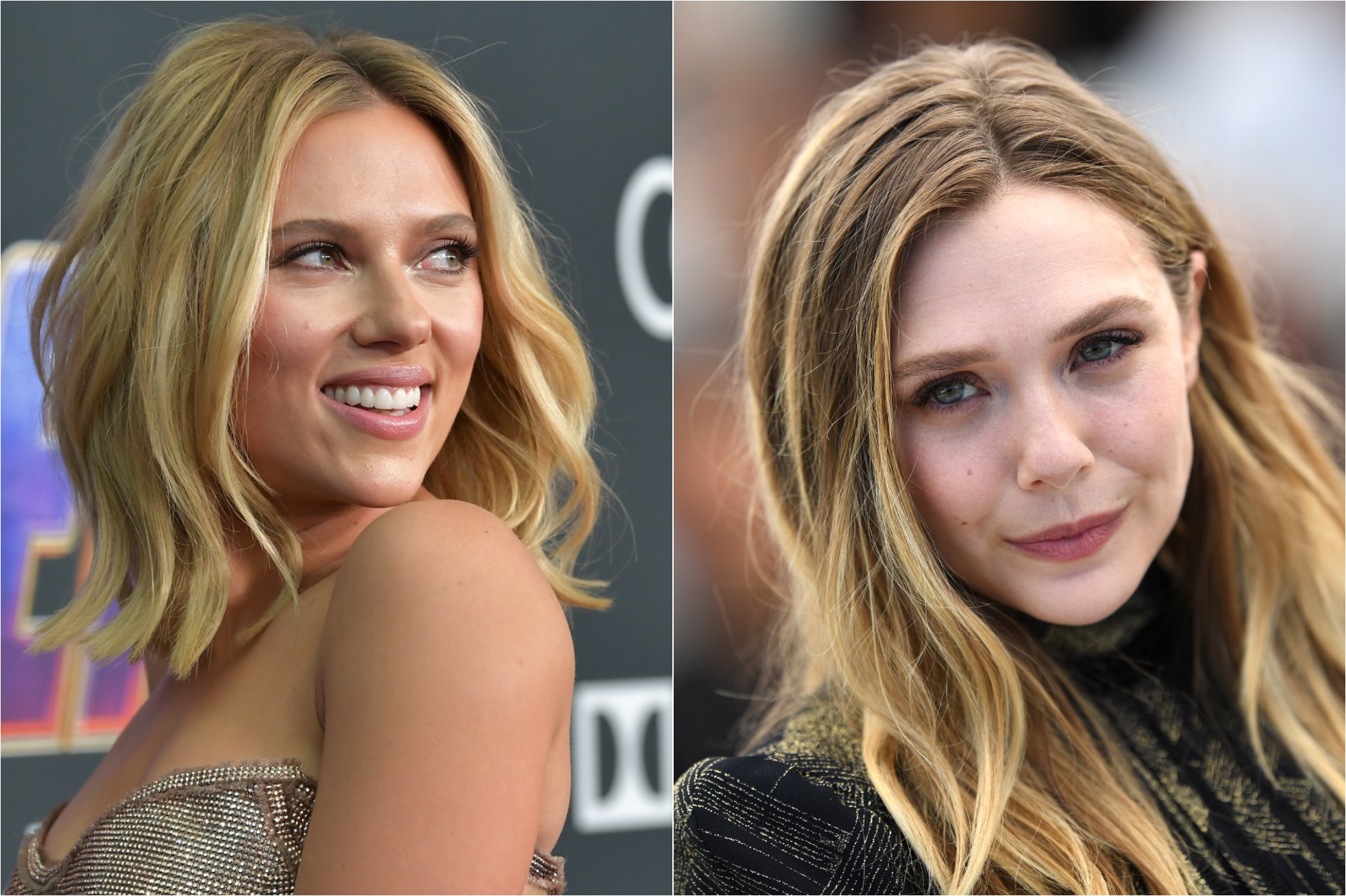 Scarlett Johansson at the world premiere of 'Avengers: Endgame' on April 22, 2019 / Elizabeth Olsen at the 'Wind River' photocall during the 70th annual Cannes Film Festival on May 20, 2017