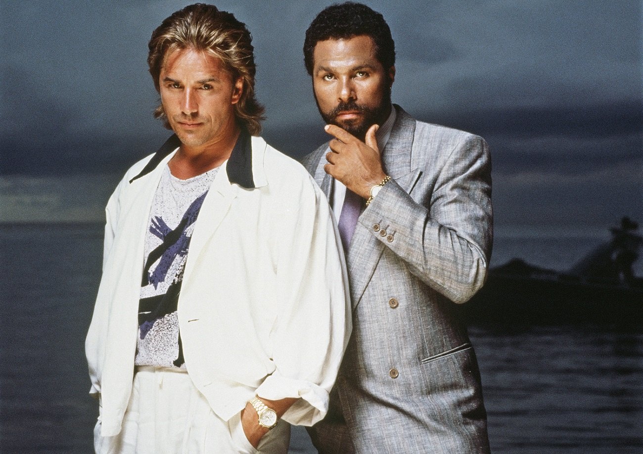 Don Johnson and Philip Michael Thomas pose in a 'Miami Vice' promo