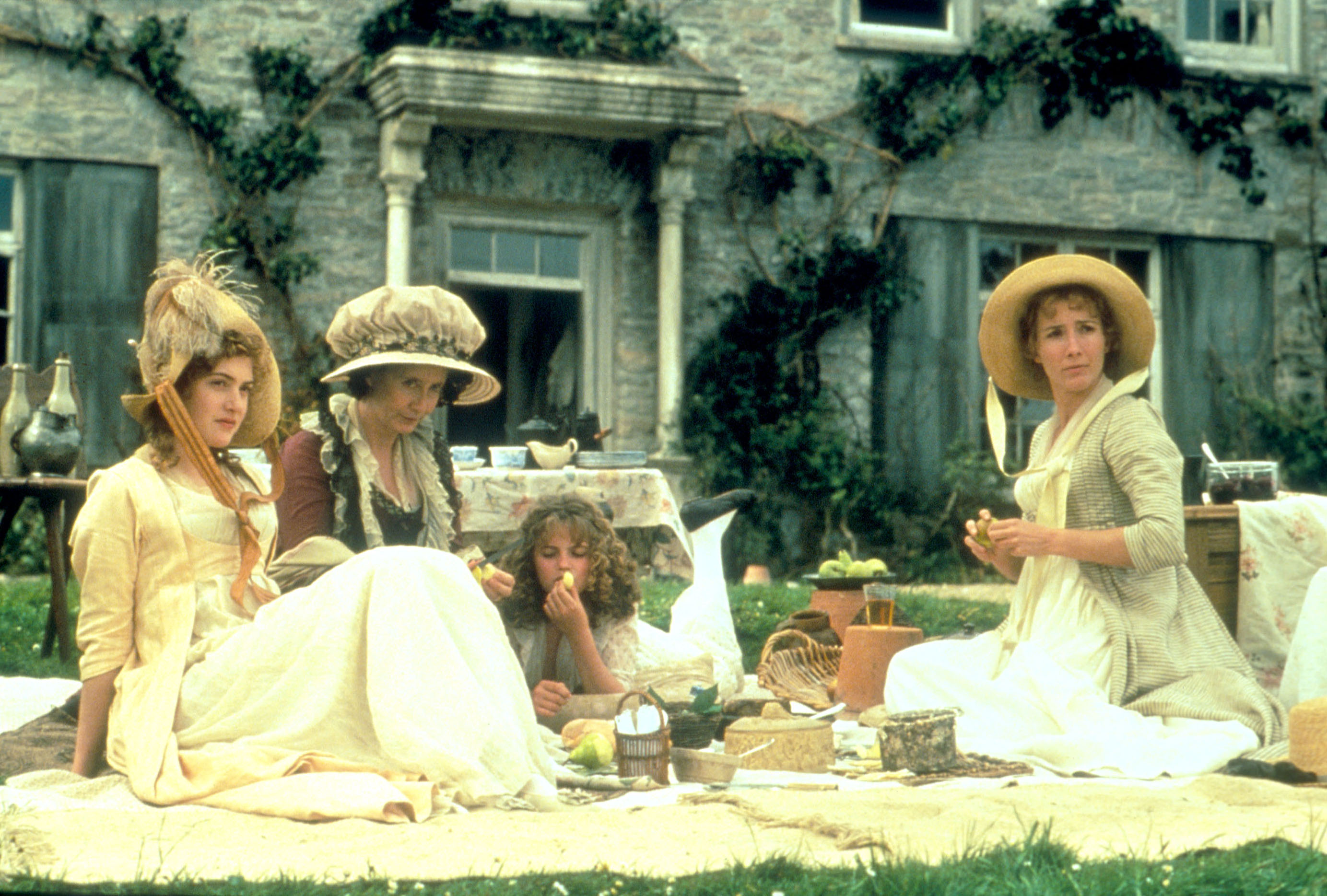 Members of the Dashwood family having a picnic in the 1995 movie adaptation of Jane Austen's Sense and Sensibility