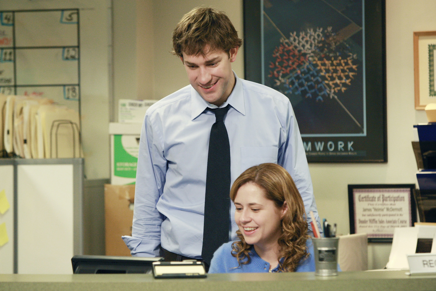 'The Office' stars John Krasinski as Jim Halpert and Jenna Fischer as Pam Beesly