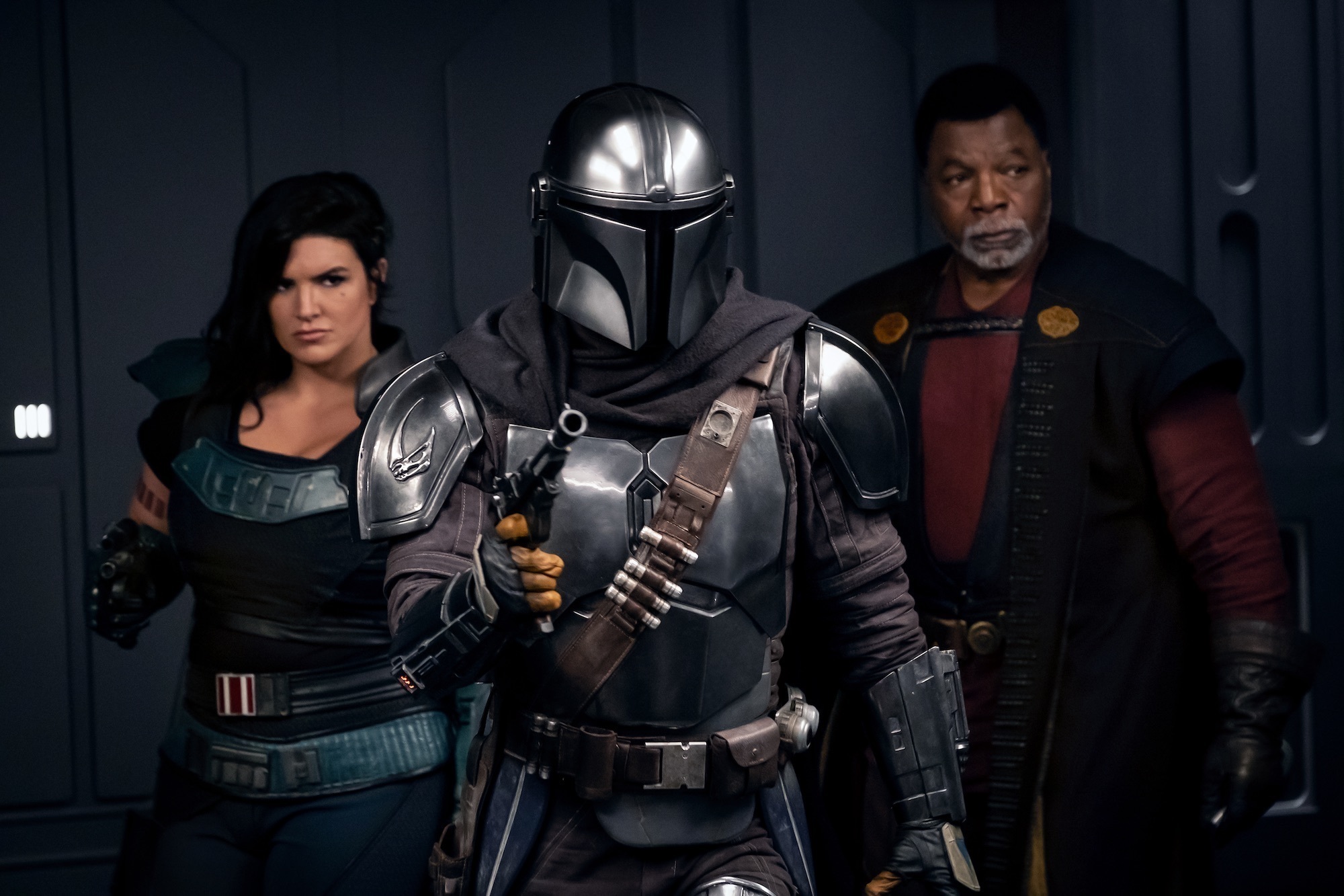 Carano as Cara Dune, Pedro Pascal as Mando, and Weathers as Greef Karga in 'The Mandalorian'