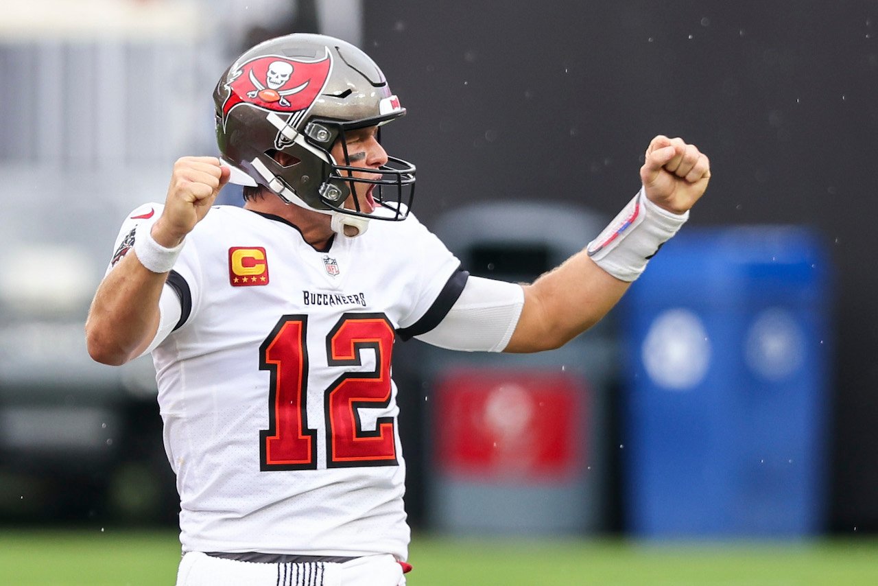 Tom Brady of the Tampa Bay Buccaneers celebrates after defeating the Los Angeles Chargers 