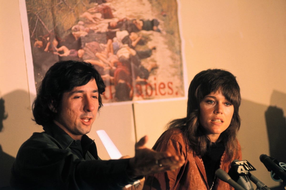 Tom Hayden and Jane Fonda at a news conference in 1973