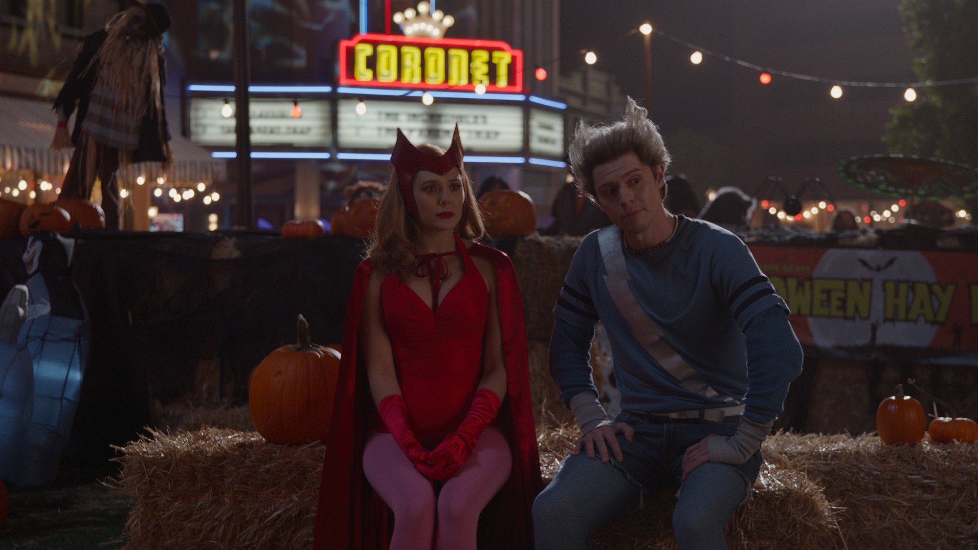 Elizabeth Olsen as Wanda Maximoff and Evan Peters as Pietro Maximoff (maybe) in the Halloween episode of 'WandaVision'