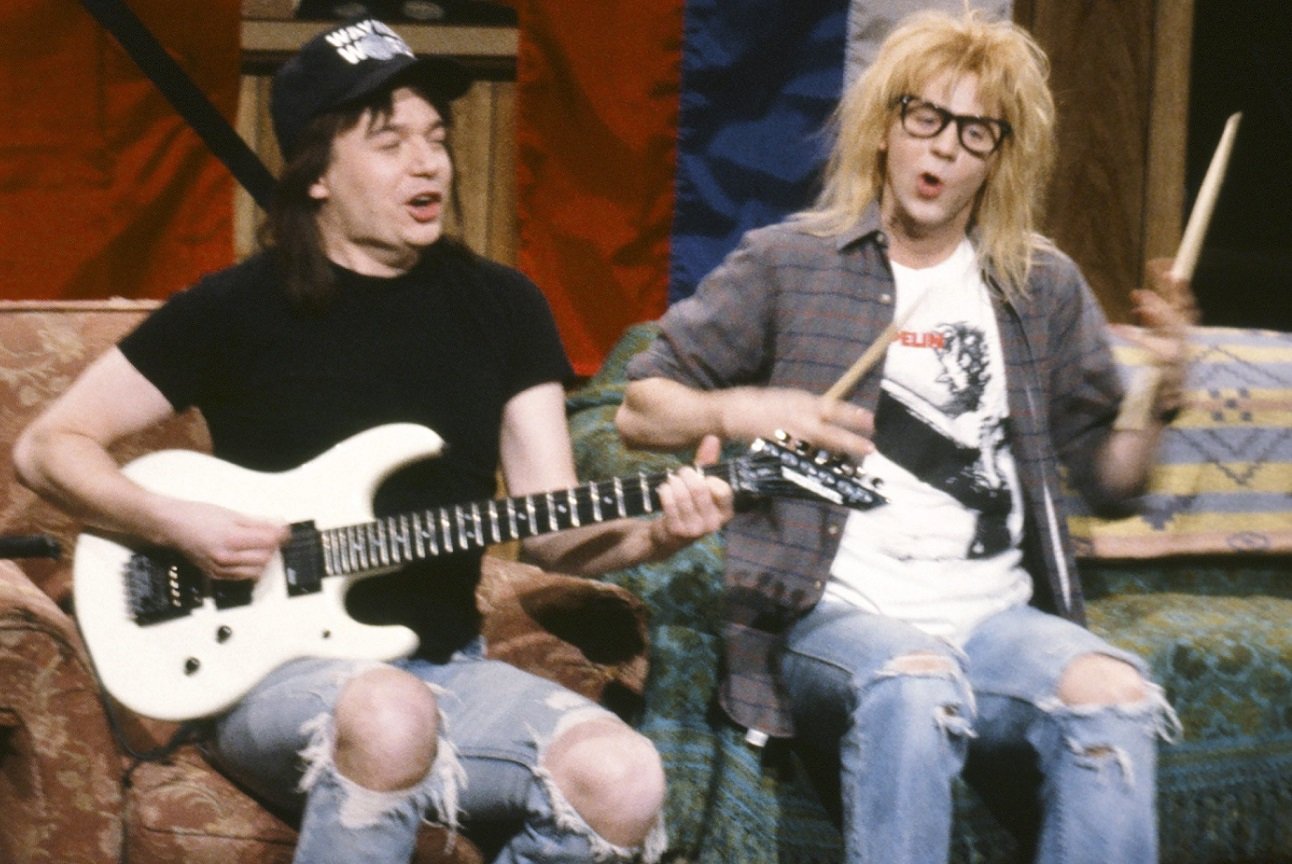 Mike Myers and Dana Carvey act in a scene from SNL's 'Wayne's World'