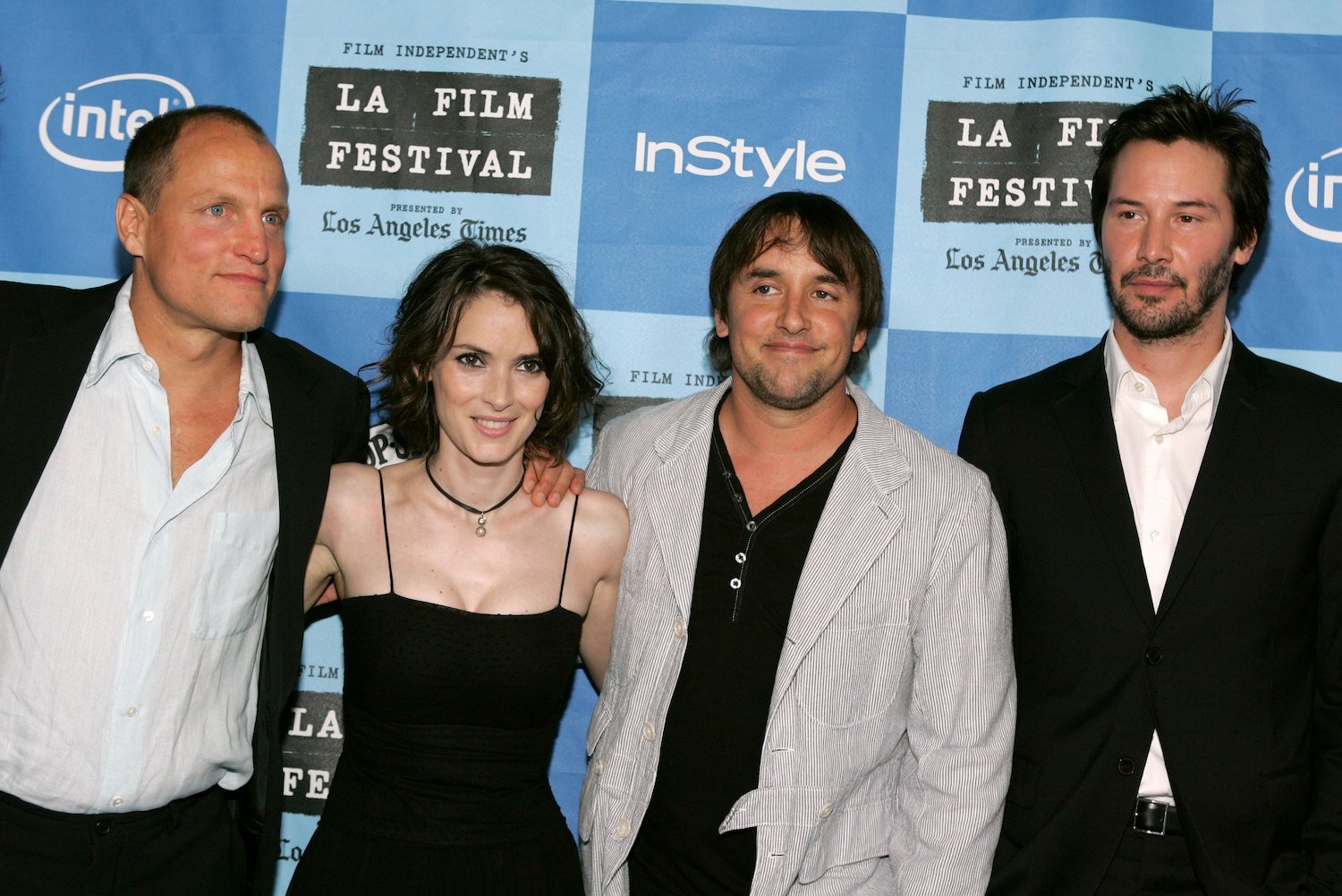Woody Harrelson, Winona Ryder, Richard Linklater, and Keanu Reeves arrive at the Los Angeles premiere of A Scanner Darkly during Los Angeles Film Festival in 2006 