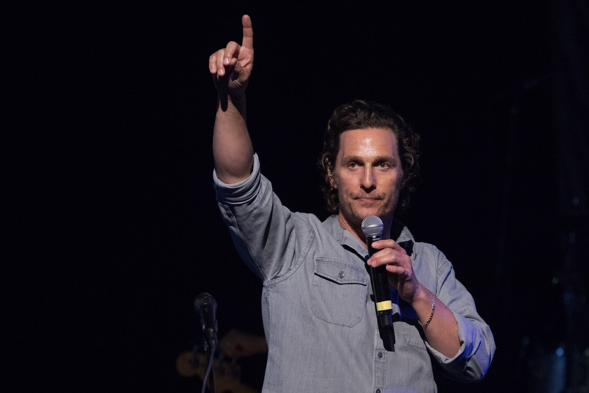 A Time for Mercy star Matthew McConaughey pointing up