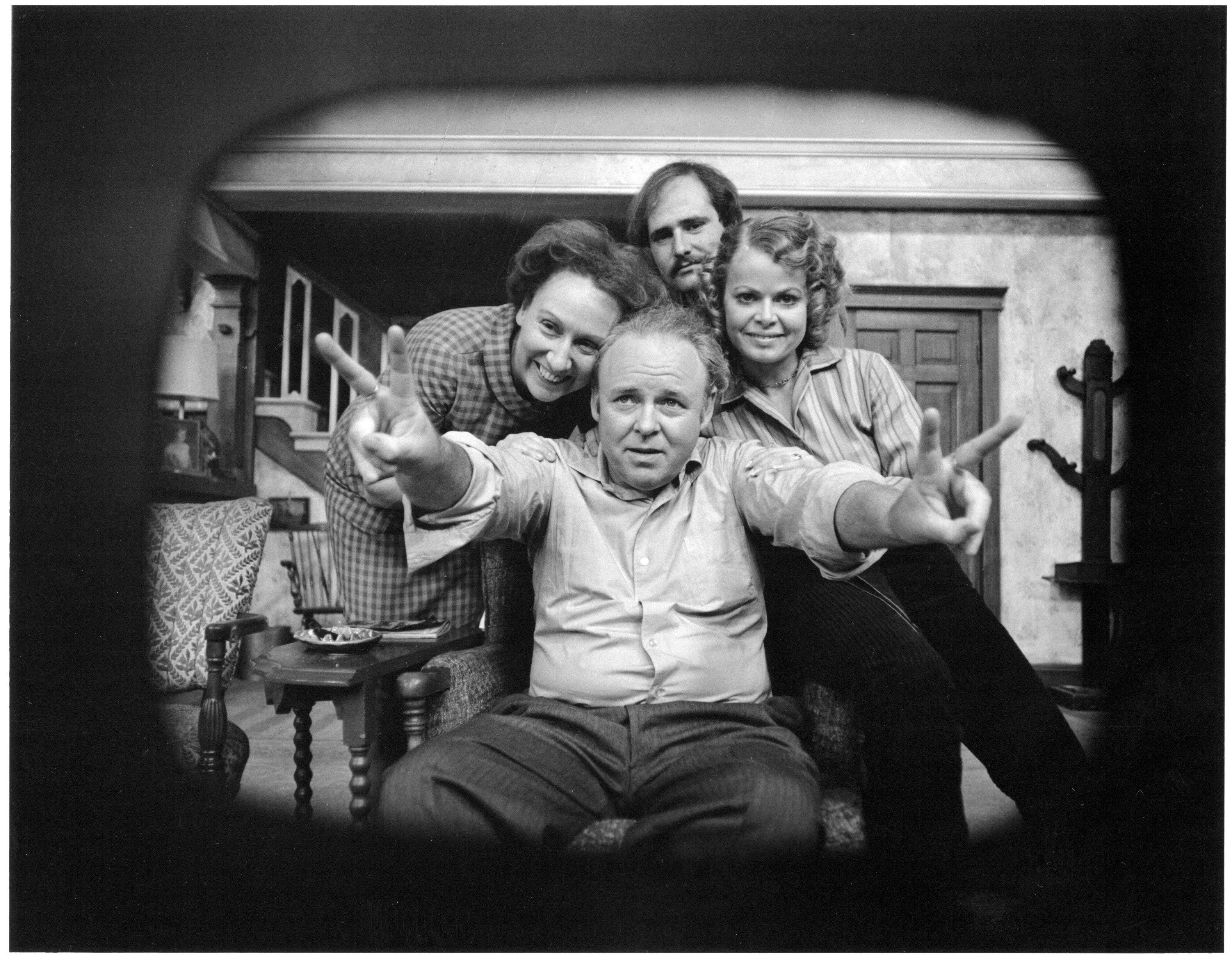 Jean Stapleton, Carroll O'Connor, Rob Reiner and Sally Struthers pose for a promotional photo for 'All in the Family'