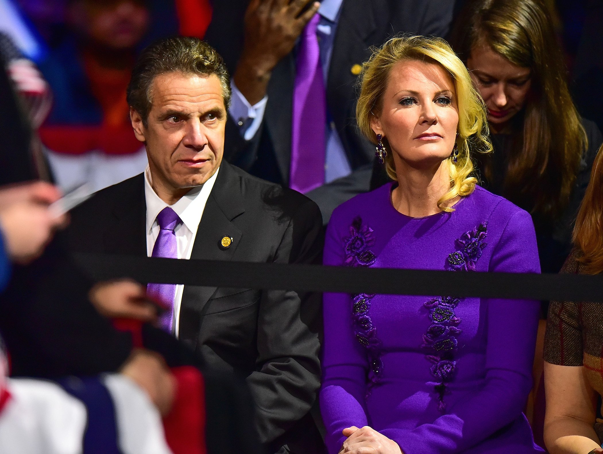 Andrew Cuomo and Sandra Lee sitting together at Hillary Clinton's Post-Super Tuesday Rally at The Jacob K. Javits Convention Center