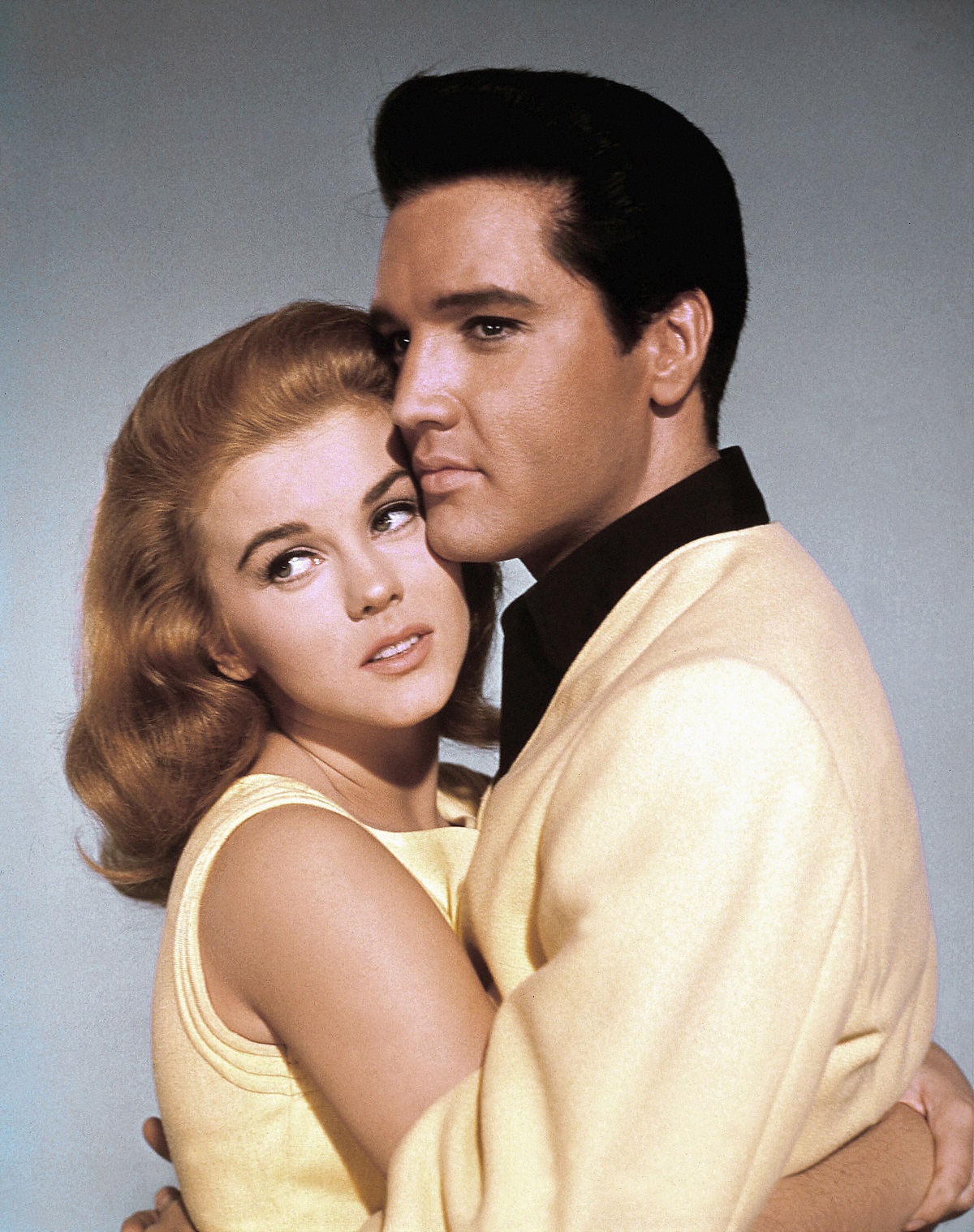 Ann-Margret and Elvis Presley holding each other in a promotional still for 'Viva Las Vegas'