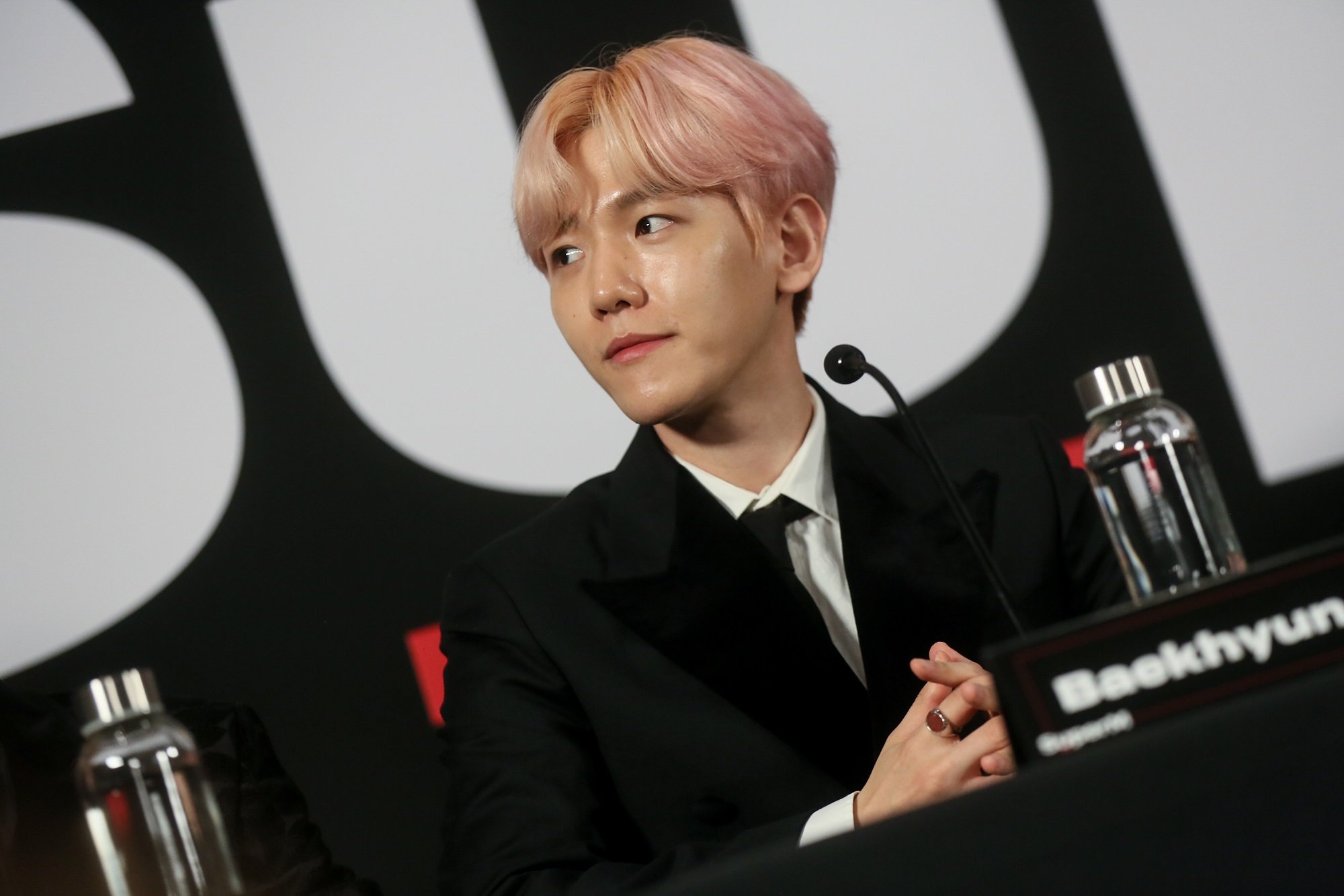 Baekhyun of K-pop group SuperM attends a press conference for SuperM at Capitol Records in 2019