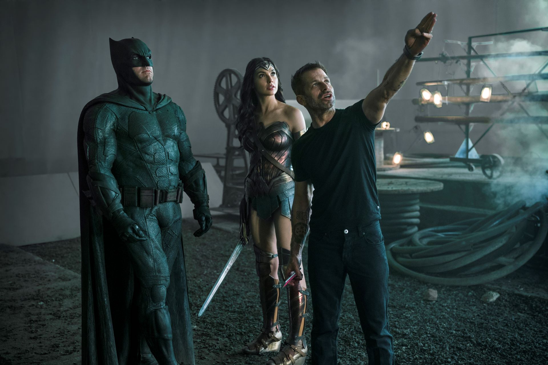 Ben Affleck, Gal Gadot, and Zack Snyder on the set of 'Justice League'