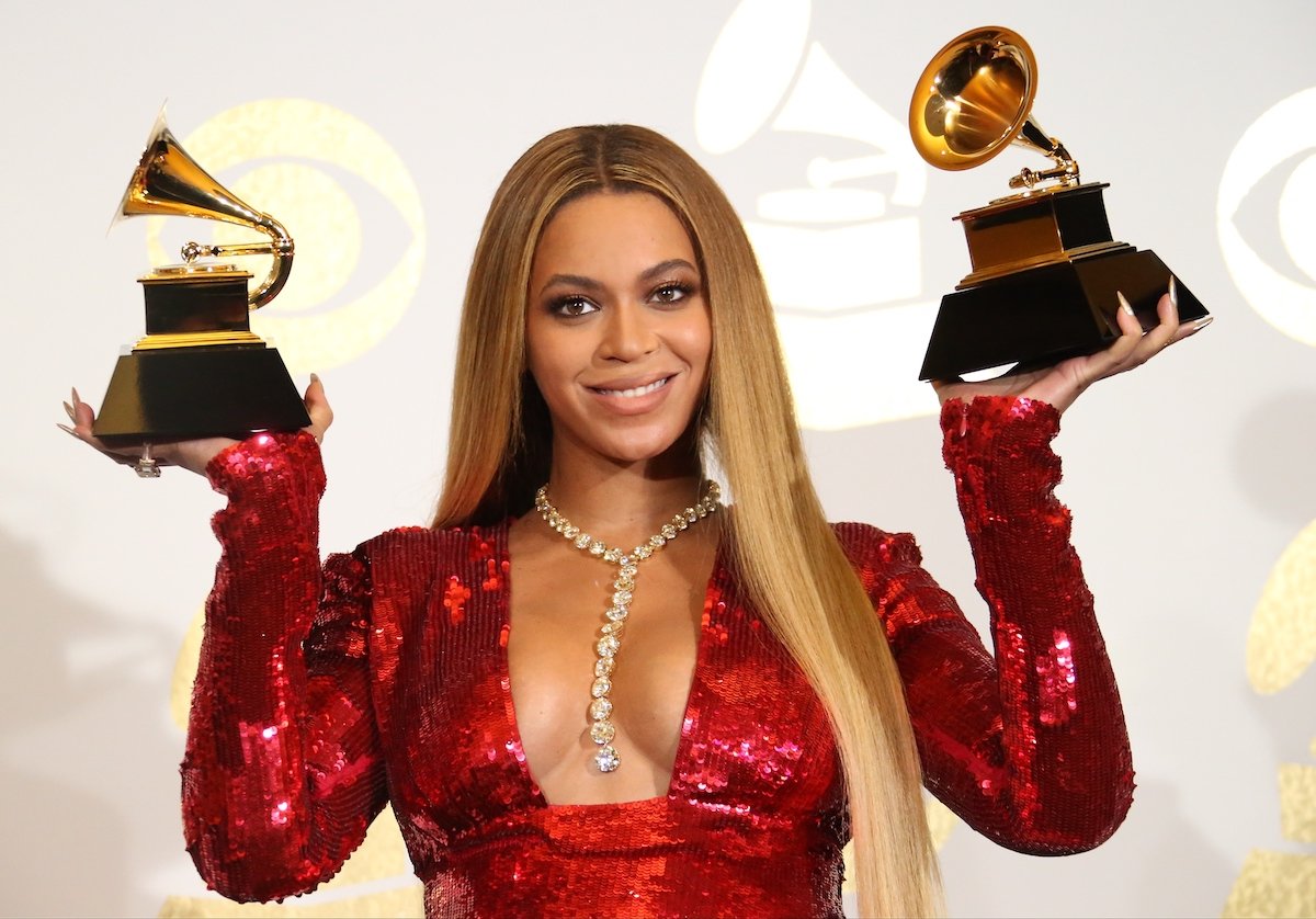 Beyoncé poses in the press room with her two awards at The 59th GRAMMY Awards on Feb. 12, 2017 in Los Angeles, California | Dan MacMedan/WireImage