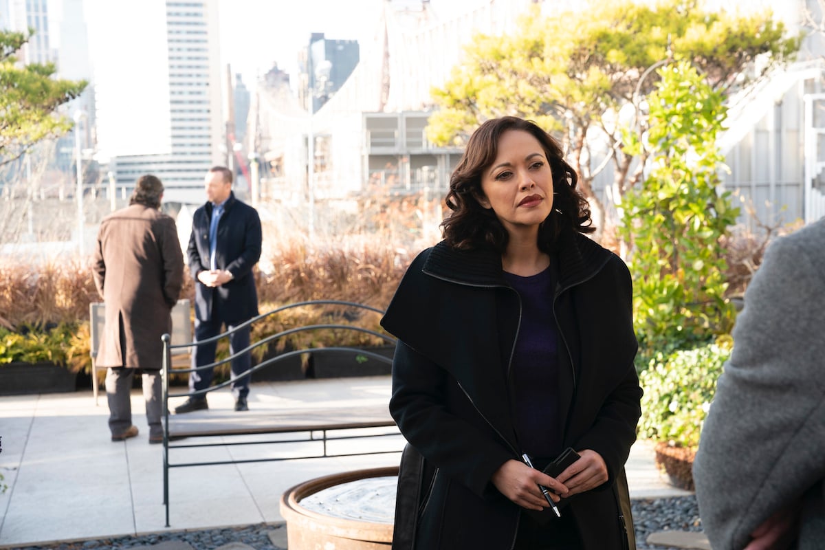Donnie Wahlberg as Danny Reagan stands in the background talking to someone and Marisa Ramirez as Det. Maria Baez stands in a park wearing a coat on 'Blue Bloods'