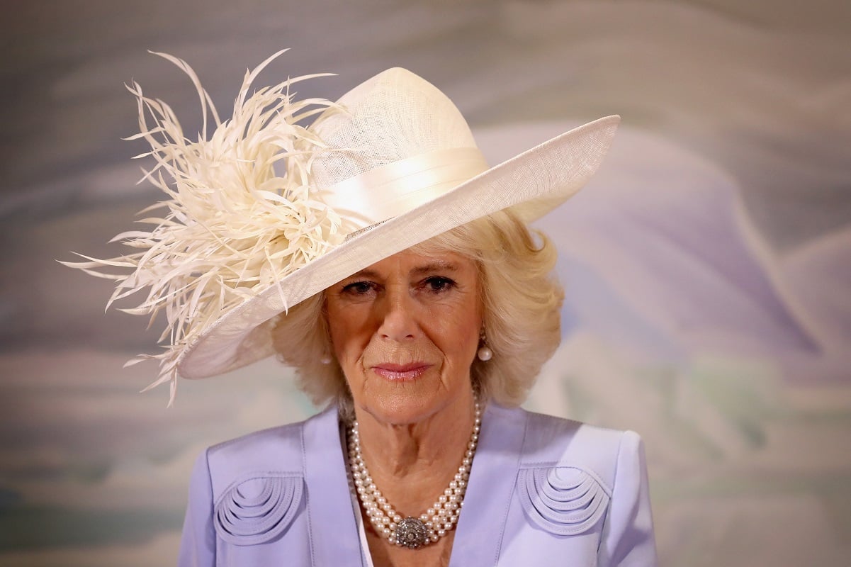 Camilla Parker Bowles in pink feathered fascinator and lavender blazer during visit to Canada
