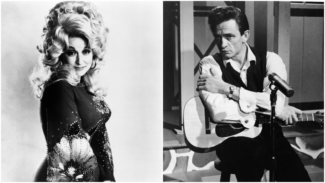 Dolly Parton posing for a photo in black and white in 1970. Johnny Cash sits with an acoustic guitar in a still from the film, 'Road To Nashville.'