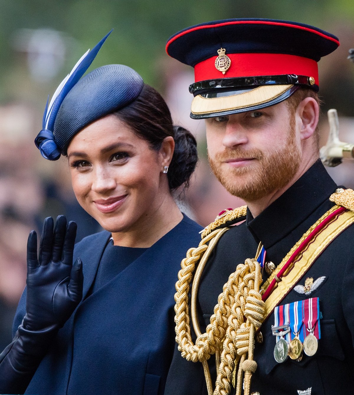 Prince Harry, Duke of Sussex and Meghan, Duchess of Sussex, ride by carriage down the Mall during Trooping The Colour, the Queen's annual birthday parade, on June 08, 2019 in London, England