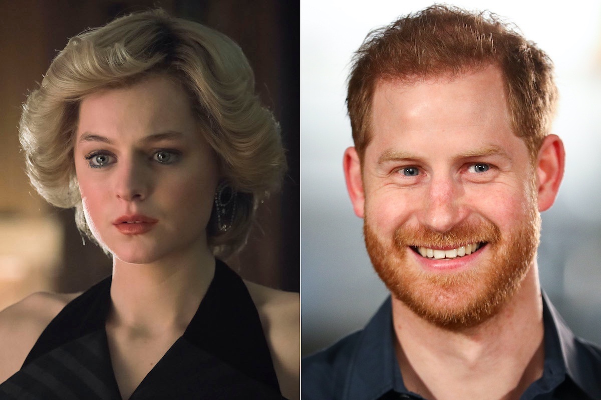 Emma Corrin wears a black dress and blonde wig as Princess Diana in 'The Crown' Season 4 (L), and Prince Harry, Duke of Sussex, smiles in a dark blue collared shirt (R)