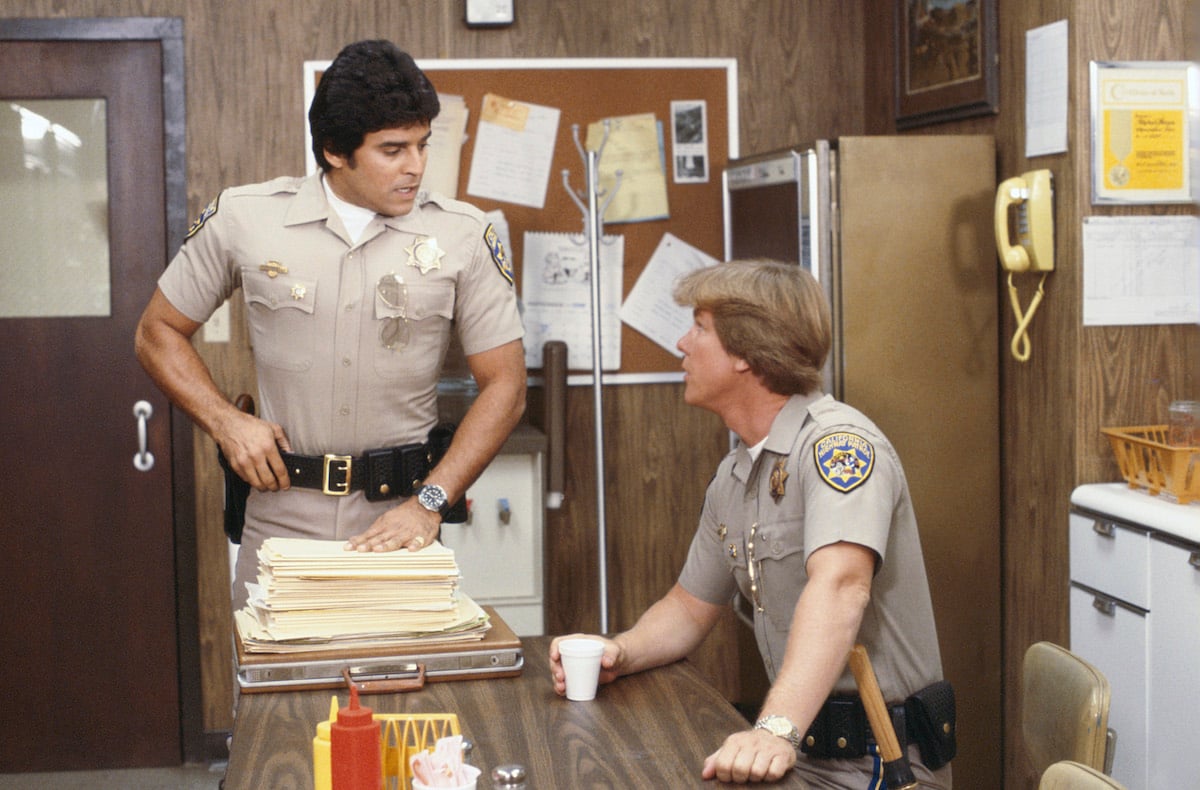 Erik Estrada as Officer Frank 'Ponch' Poncherello and Larry Wilcox as Officer Jon Baker on the TV show 'CHiPs'