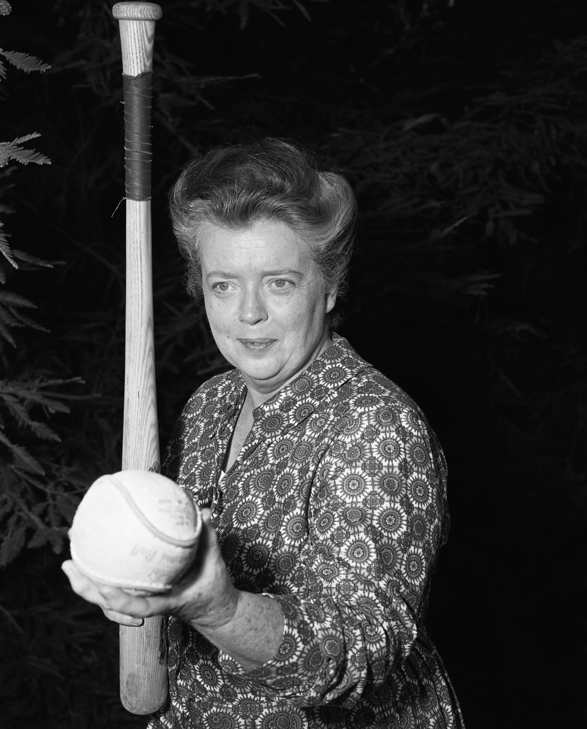Frances Bavier poses with a bat and ball as Aunt Bee on 'The Andy Griffith Show'