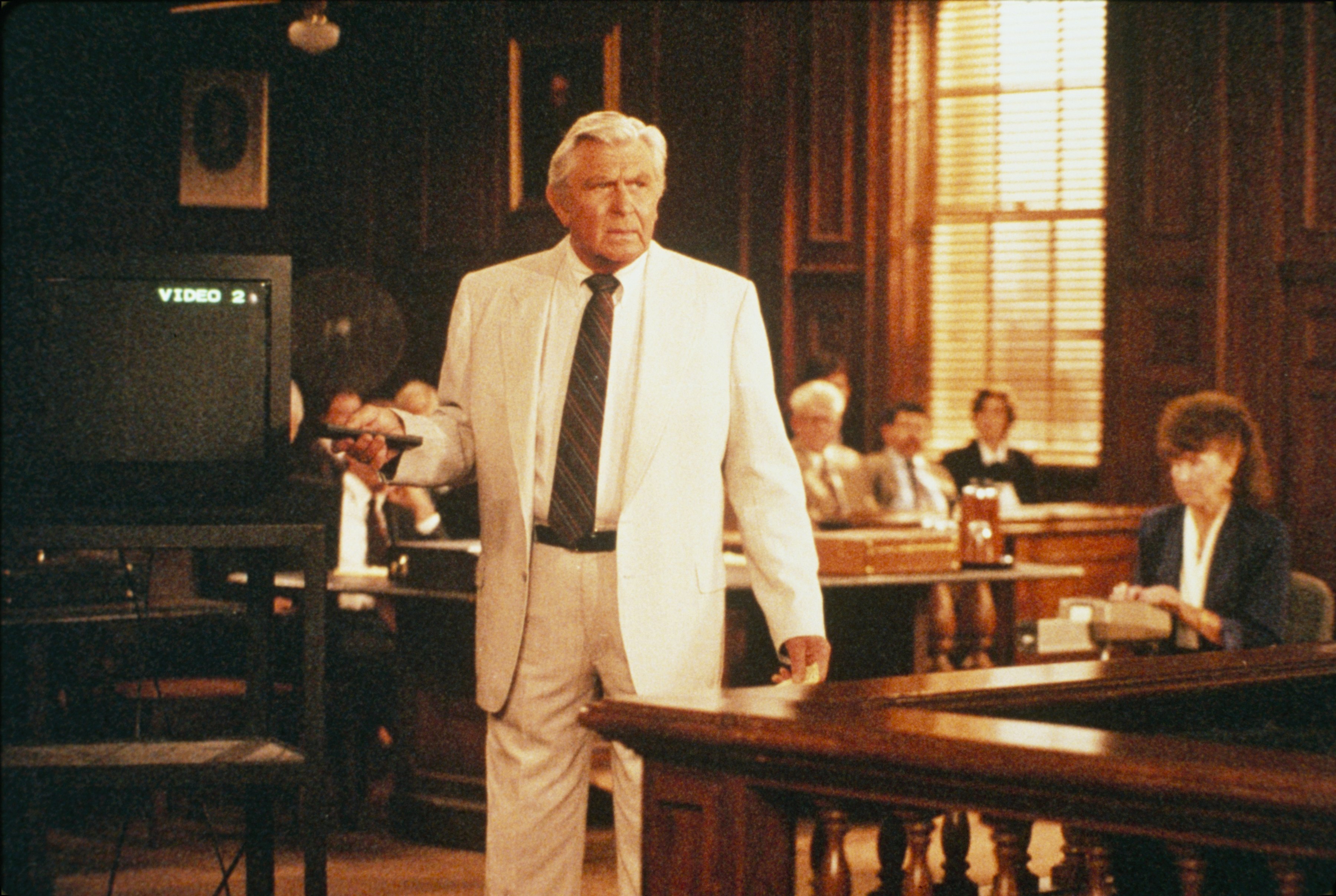 Andy Griffith is pictured addressing a courtroom as defense attorney Ben Matlock in a scene from 'Matlock', 1994