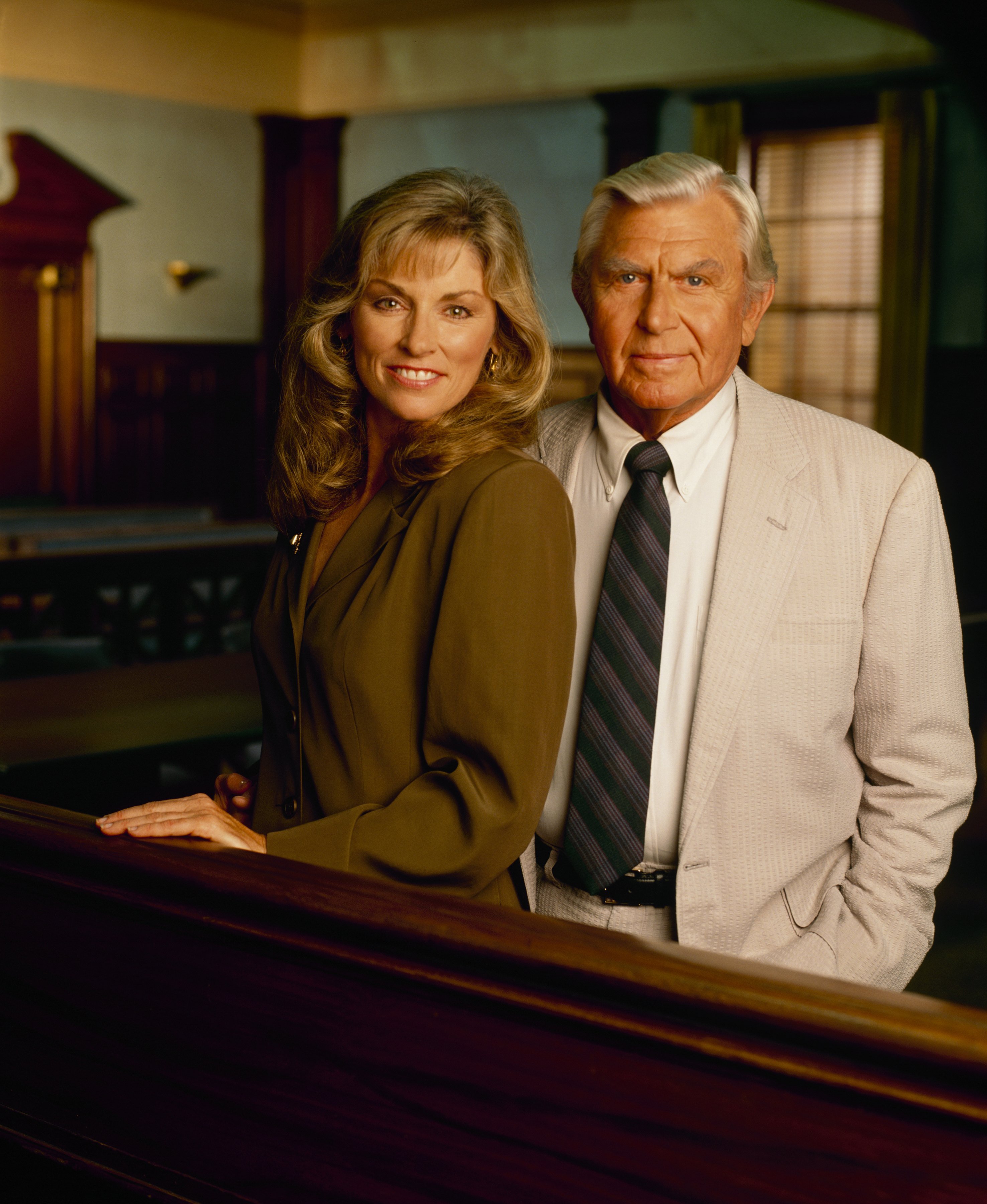 Brynn Thayer as Ben Matlock's daughter Leanne McIntyre, left, and Andy Griffith as Ben Matlock pose for a photo, 1993