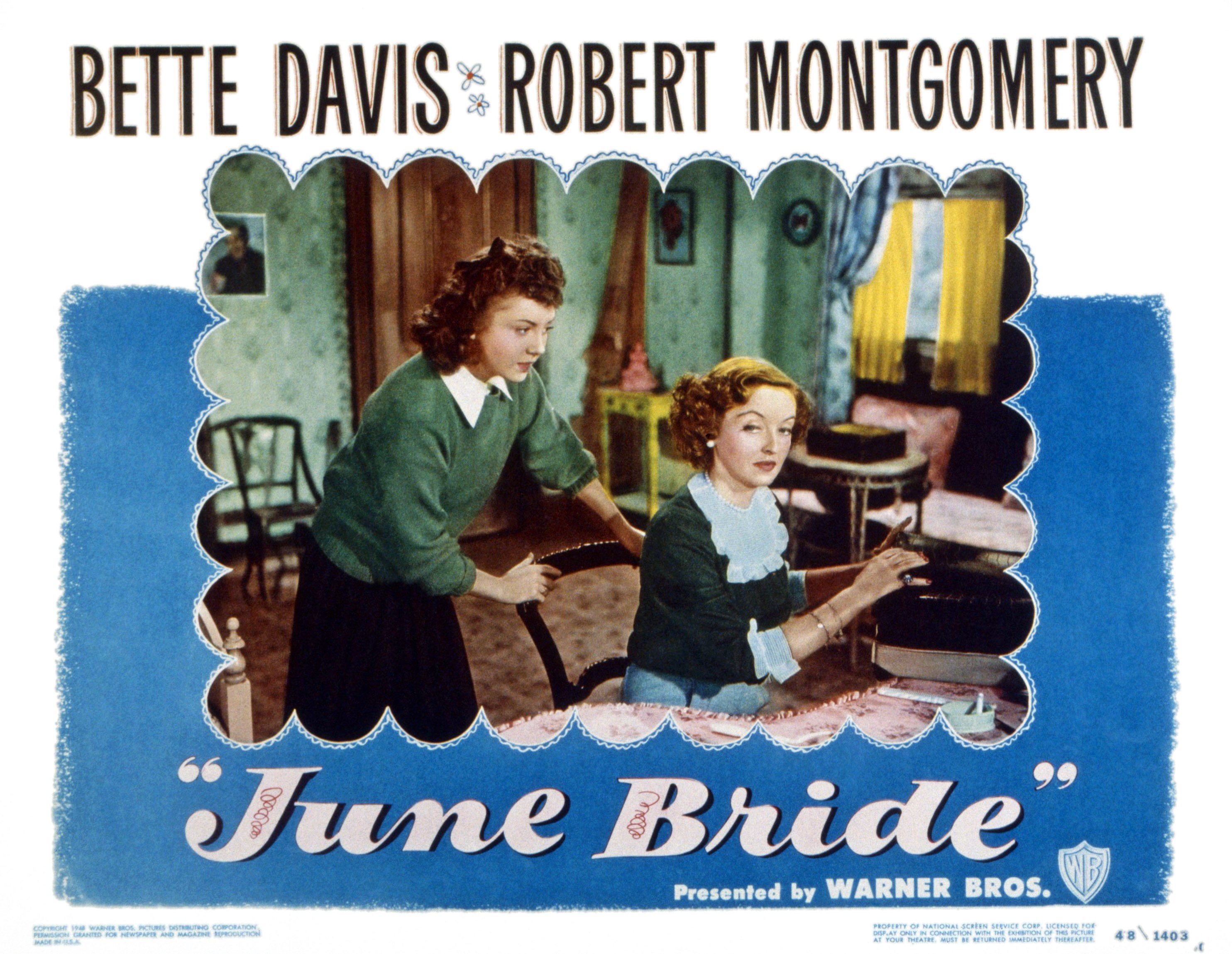 A lobbycard from the 1948 film 'June Bride' shows, left to right, Betty Lynn and (seated) Bette Davis