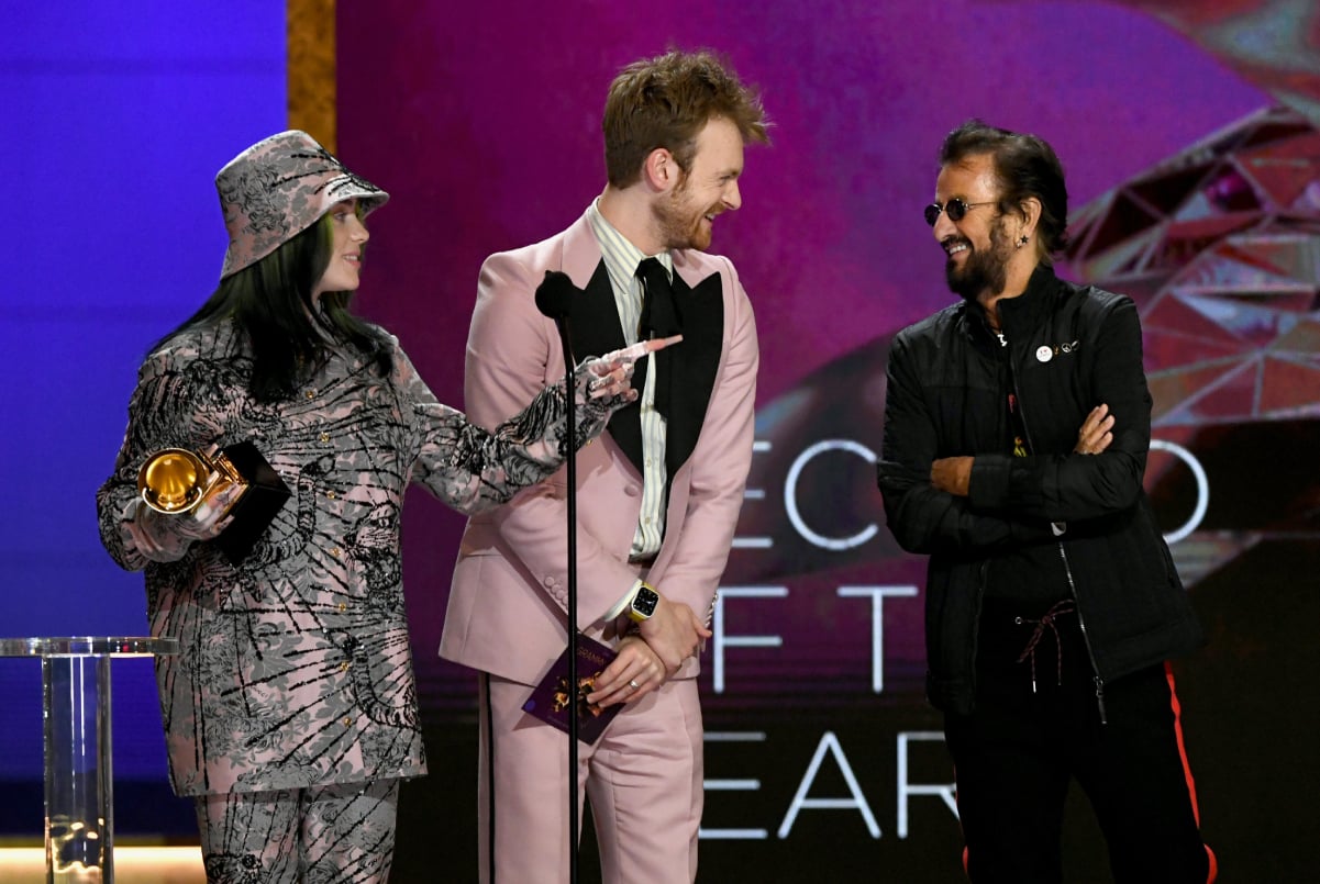 (L to R): 2021 Grammy Award-winner for Record of the Year Billie Eilish, her brother FINNEAS, and former Beatle Ringo Starr