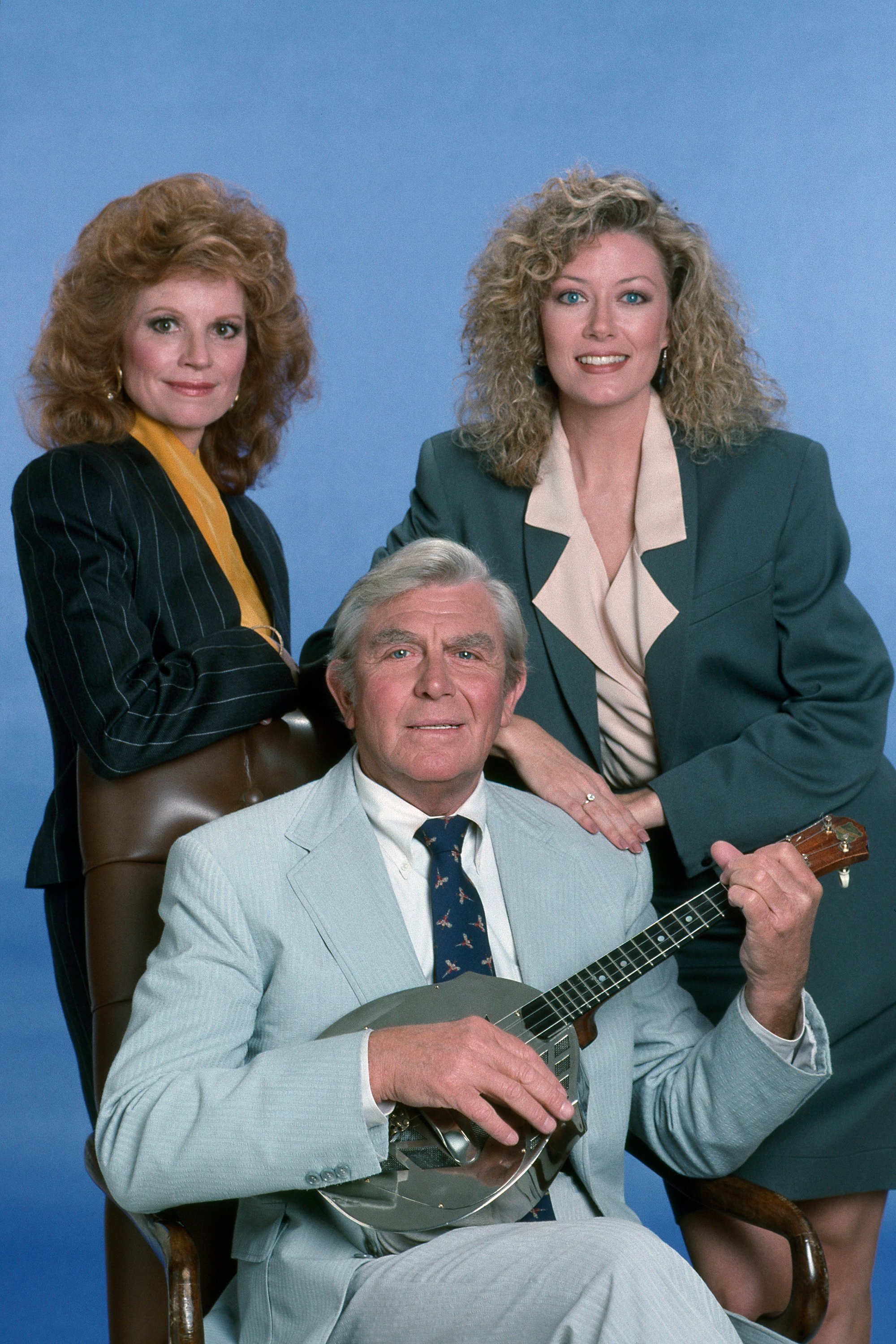 'Matlock' cast photo featuring Julie Sommars as A.D.A. Julie March, Andy Griffith as Ben Matlock, and Nancy Stafford as Atty. Michelle Thomas