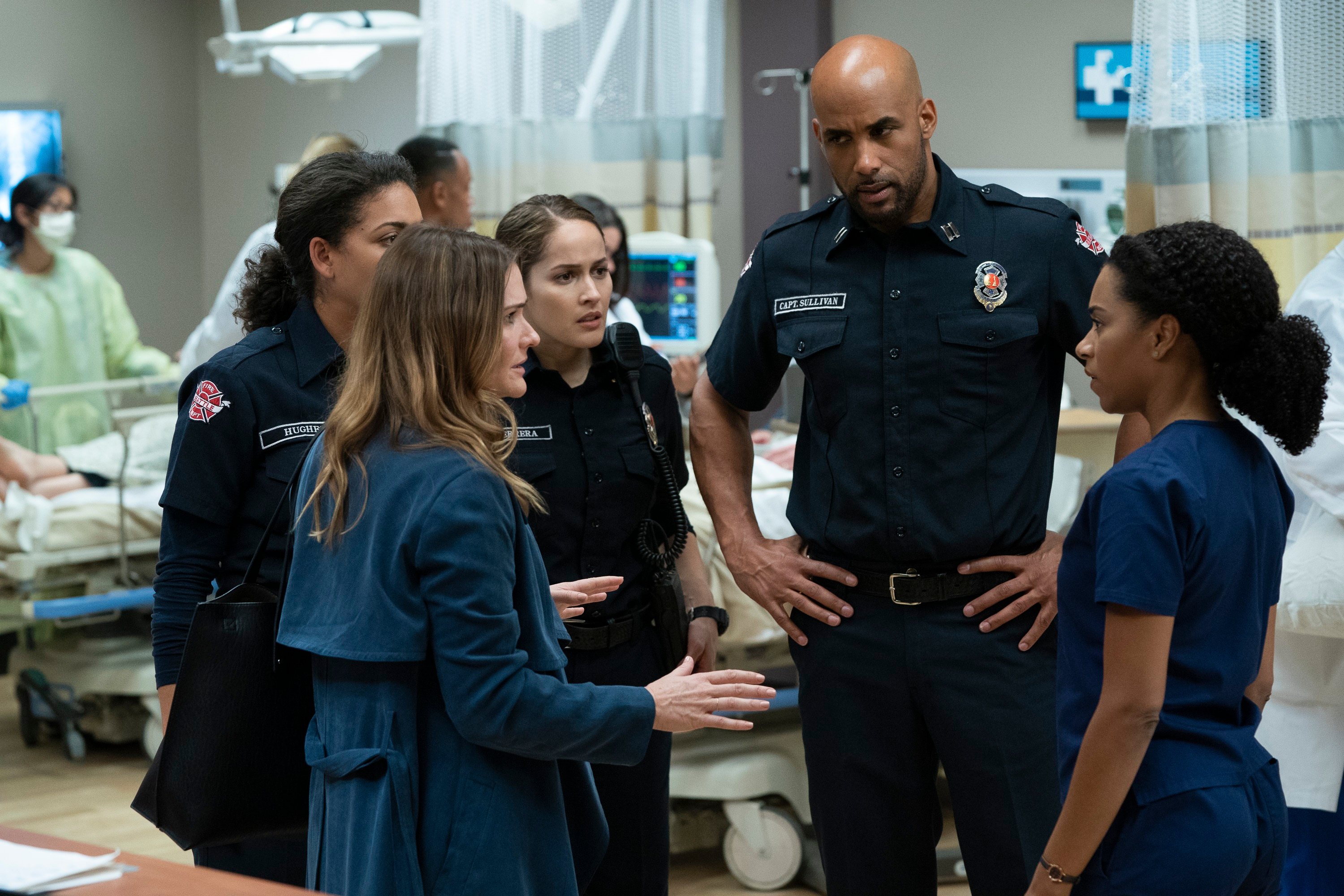 Greys Anatomy Station 19 crossover event featuring Bre Blair, Jaina Lee Ortiz, Boris Kodjoe, and Kelly McCreary