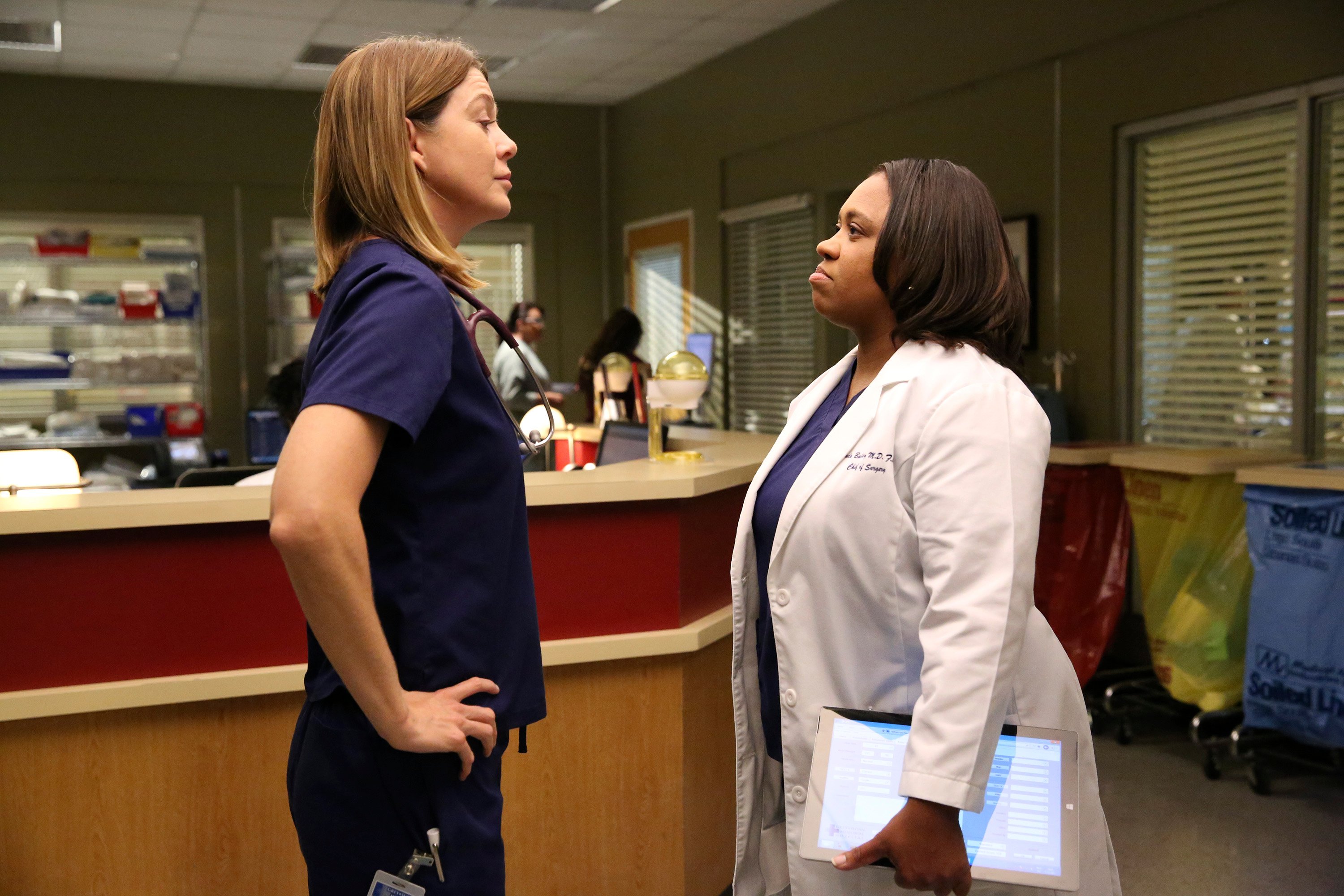 Ellen Pompeo and Chandra Wilson on the set of 'Grey's Anatomy.'