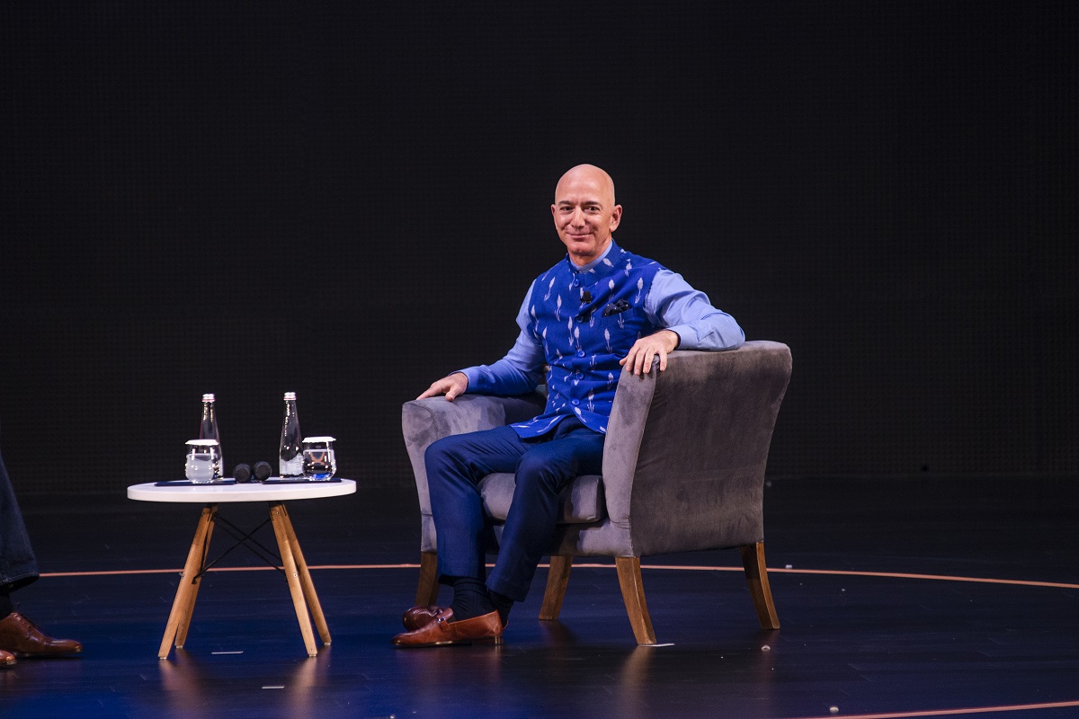 Amazon CEO Jeff Bezos interacts with entrepreneurs at the Amazon's annual Smbhav event at Jawahar Lal Nehru Stadium, on January 16, 2020 in New Delhi, India. 