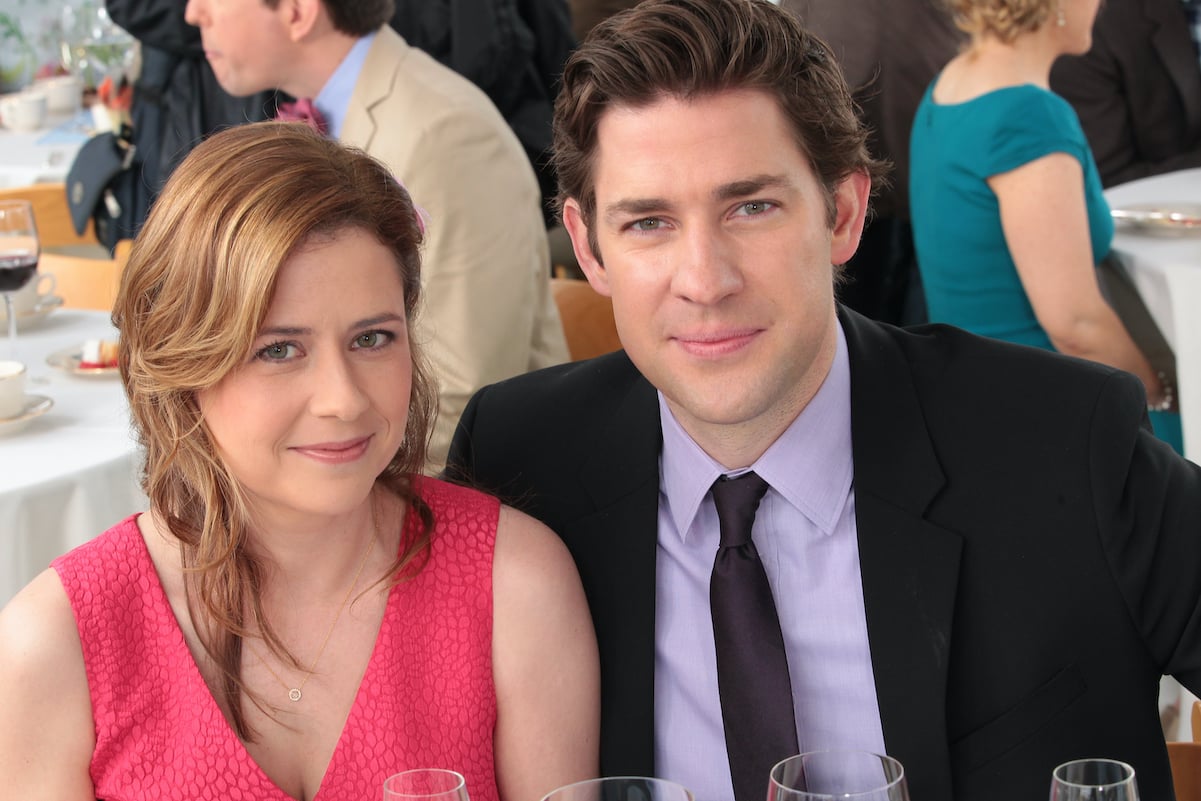 The Office stars John Krasinski and Jenna Fischer on set in 2013