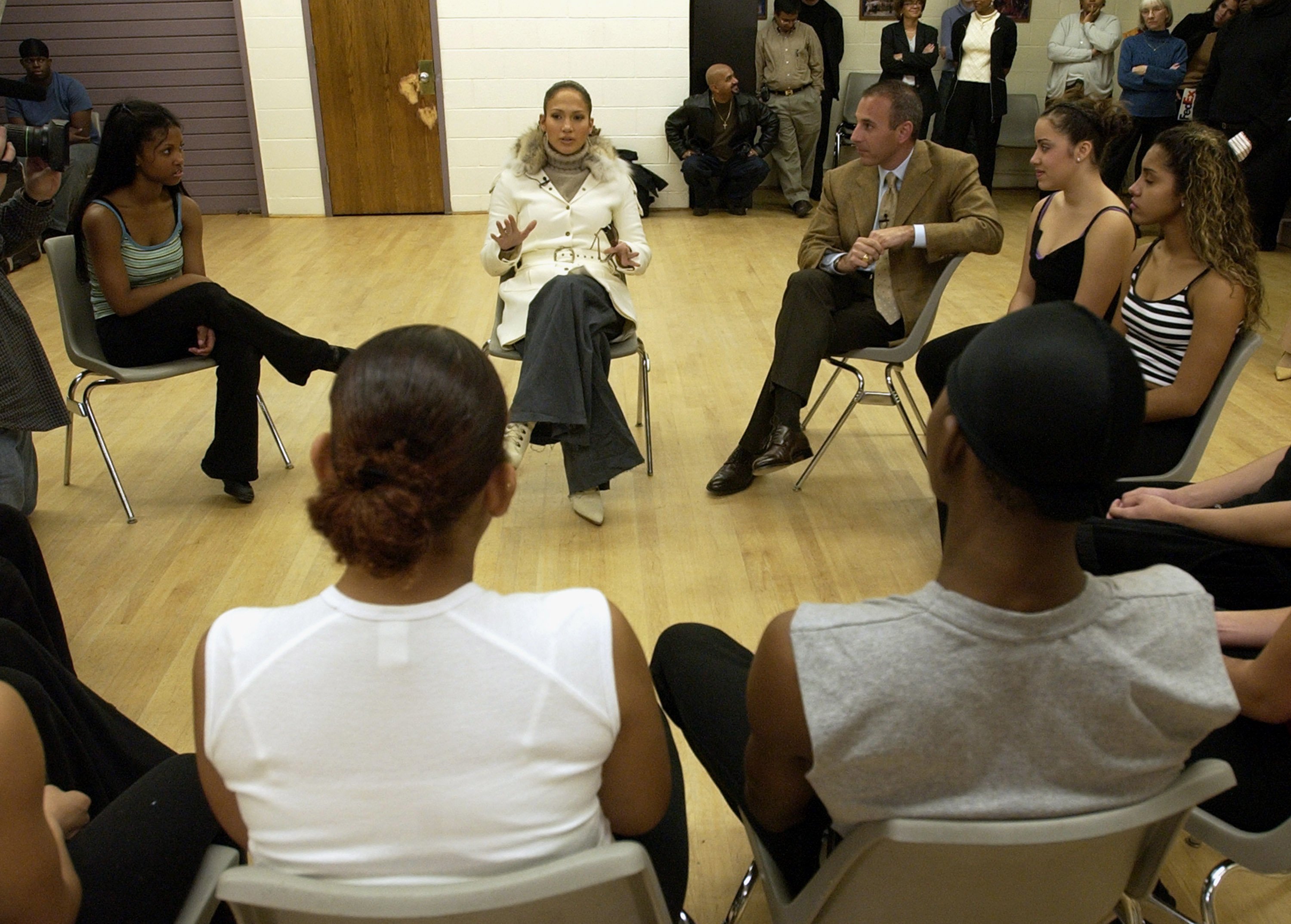 Jennifer Lopez meets Kips Bay Boys and Girls Club students in 2002